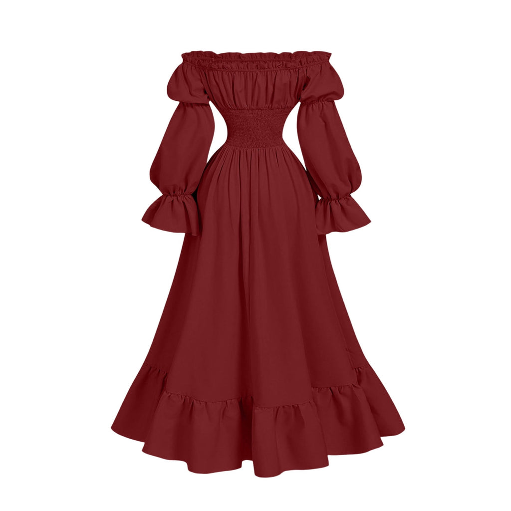 QATAINLAV Renaissance Costume Women Vintage Medieval Dress Cold Shoulder Short Sleeve Peasant Pirate Irish Maxi Dresses, Black, L