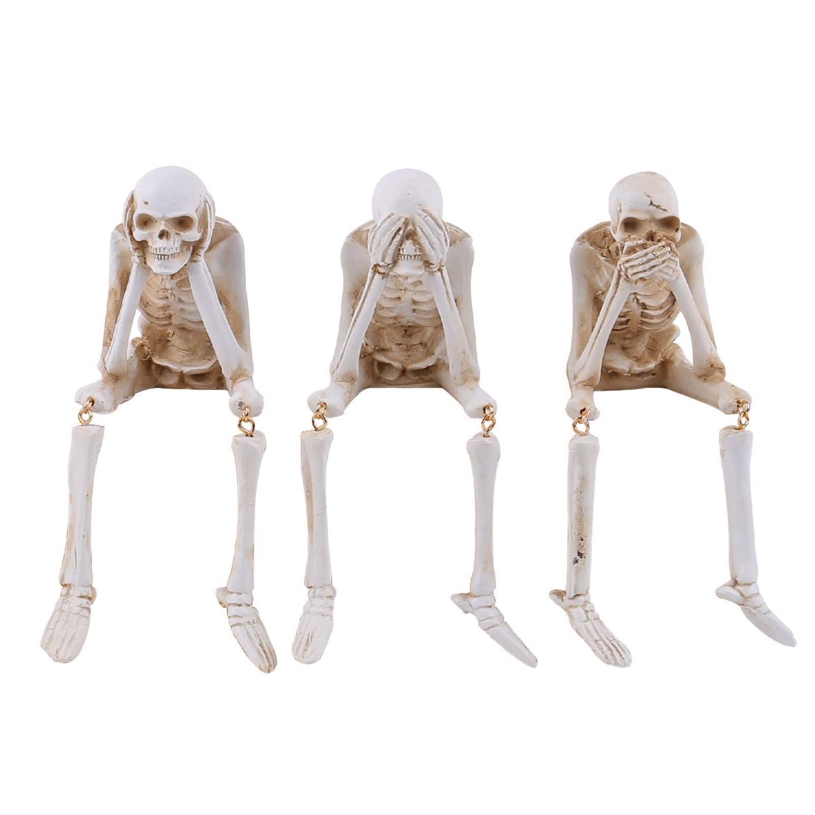 Halloween Decor Skeleton Statue Figurines Skull Decor See No Evil Hear No Evil Speak No Resin Skeleton Shelf Sitters Sitting Figurines for Home Kitchen Party Decor Table Ledge Edge Decorative (C)