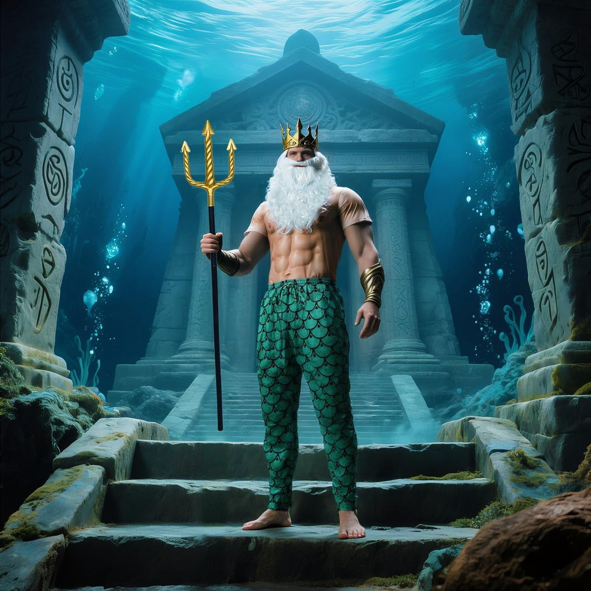 5 Pcs Halloween Poseidon Costumes Cosplay God of The Sea Mermaid Pants Muscle Shirt Trident Scepter Wig Beard and King Crown