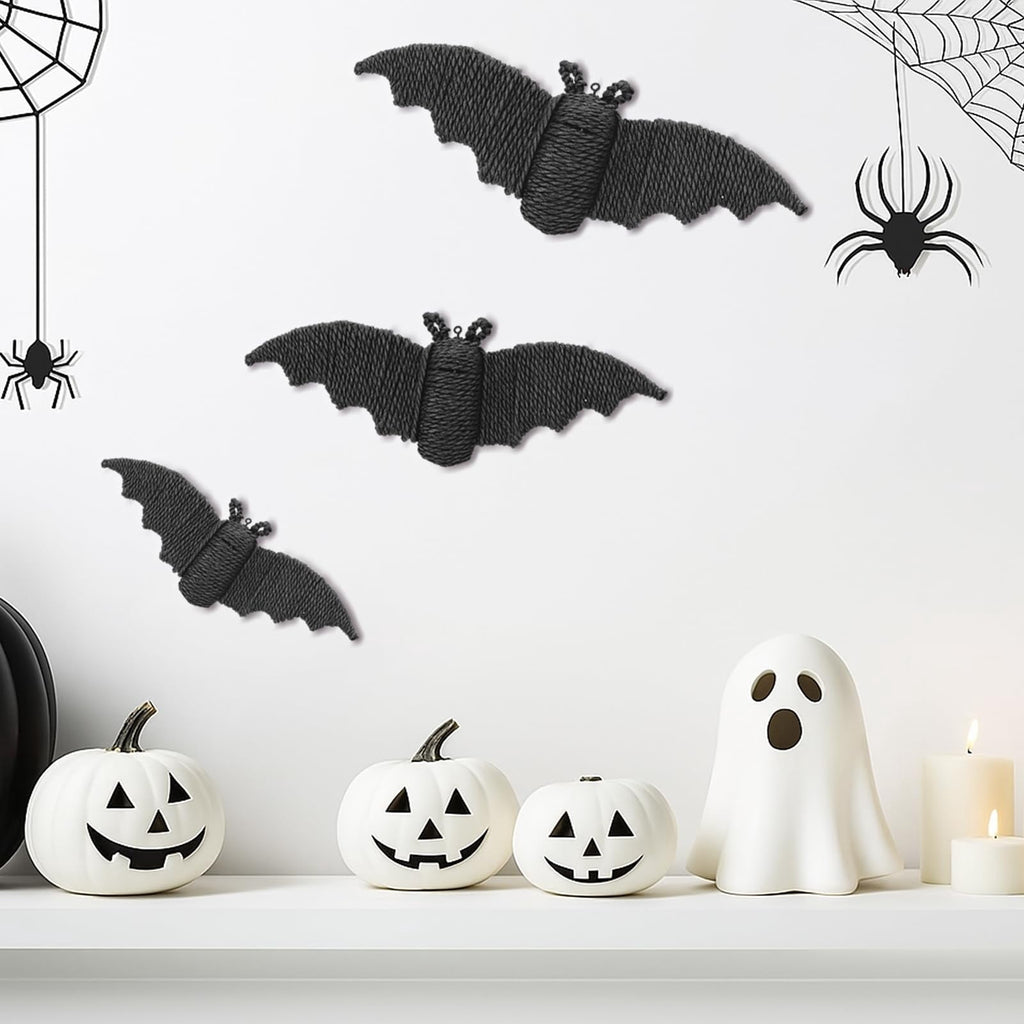 GoLucid Halloween Woven Bat Wall Decoration 3 Pack, Handcraft Rattan Bat Hanging Ornament Set 6.3" 7.48" 9.06", Indoor Outdoor Decor