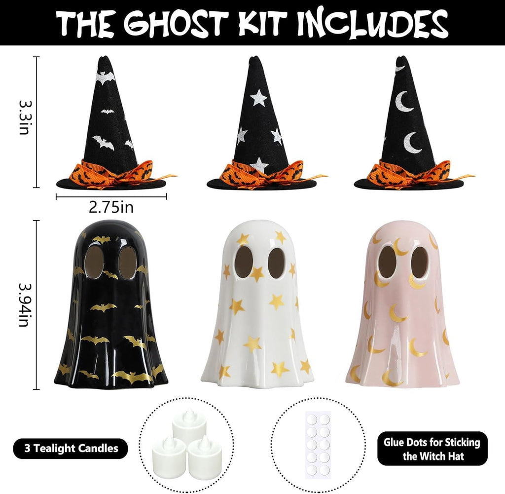 3Pcs Ceramic Ghost Figurines with Witch Hats Halloween Table Decor Set for Mantel Shelf Centerpiece Gift