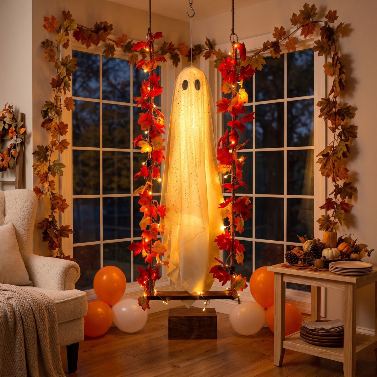 Outdoor Halloween Decorations Large Hanging Ghost and Witch Broom with Lights, Spooky and Cute Ghost Decor for the Front Porch, Yard