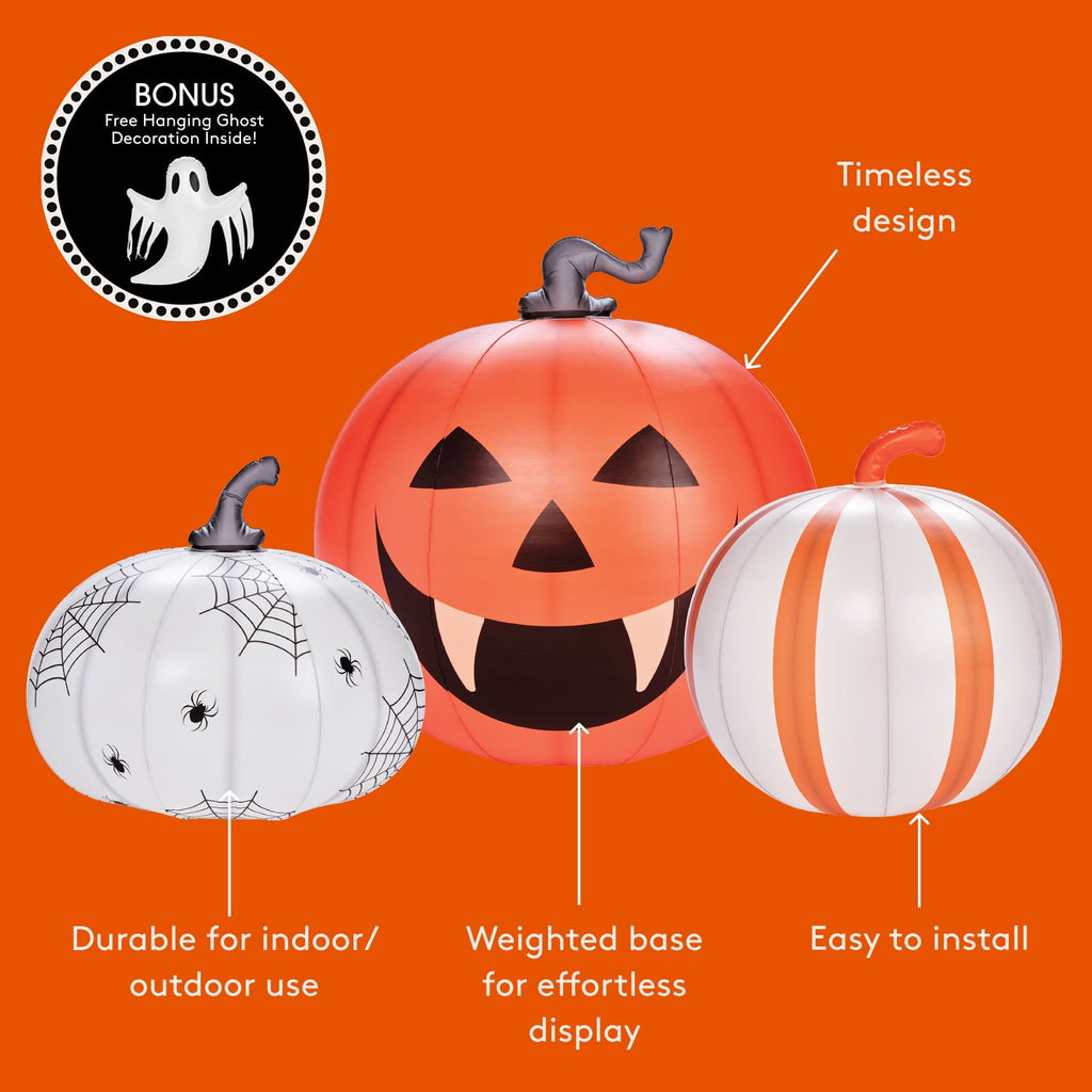 FUNBOY Inflatable Pumpkin 3-Pack Halloween Decorations Outdoor with Bonus Ghost