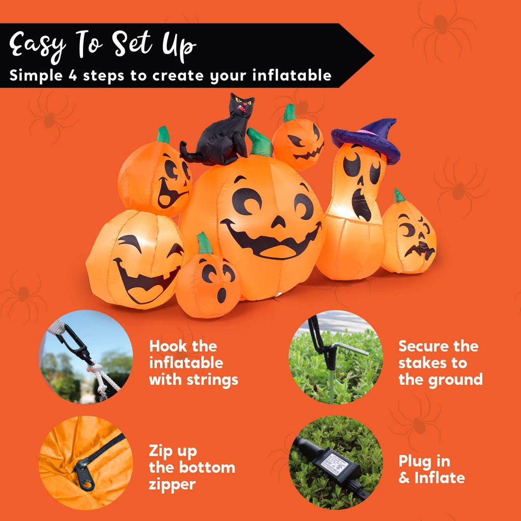 Joyfy 7 ft Halloween Inflatable Long Pumpkin with Witch's Cat Decorations Inflatables with Build-in LEDs,Halloween Decor Outdoor Blow Up Yard Decorations