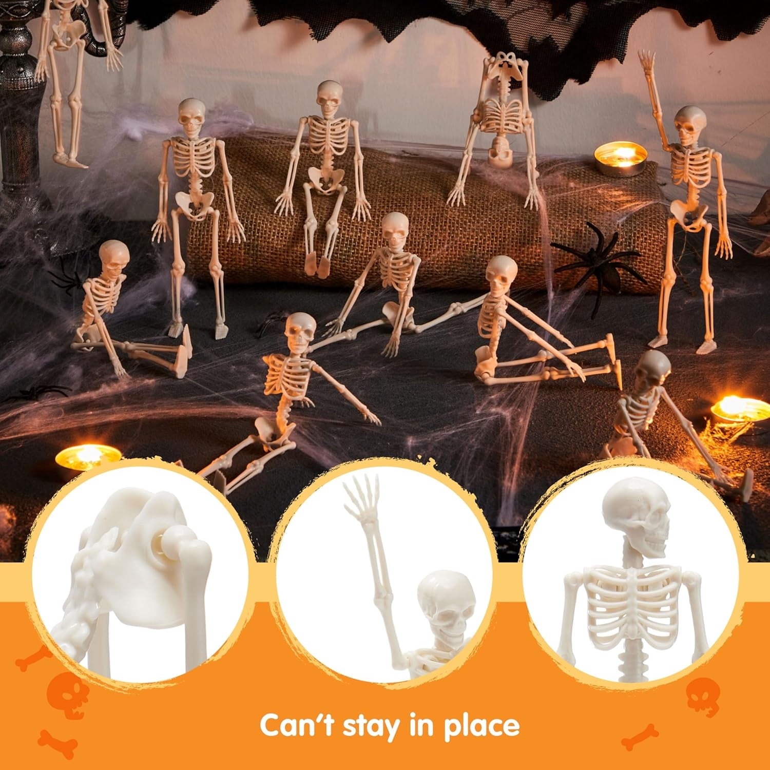 Joyfy 5 Pcs Halloween Skeleton Decorations,16 inch Full Body Poseable Skeleton with Movable Joints for Halloween Indoor Outdoor Party,Graveyard,Haunted House Accessories,White