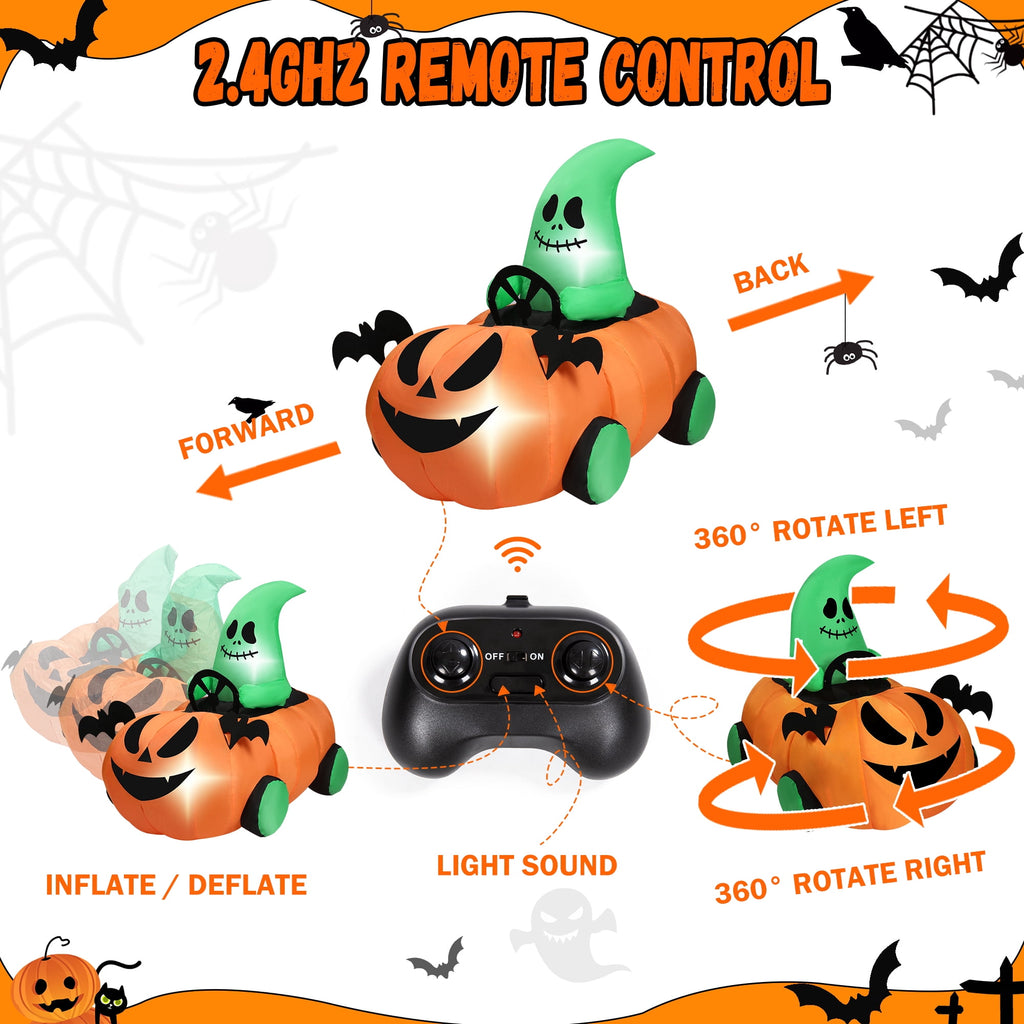 Firstness 2.6ft Halloween Inflatable with Music and Lights,Remote Control Pumpkin Ghost Car,Blow ups Rc Car,Indoor Outdoor,Orange Green
