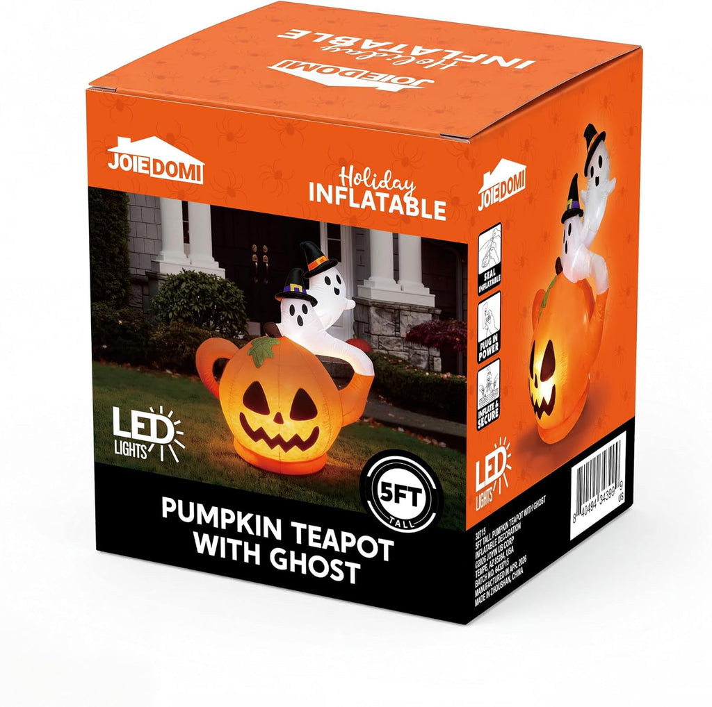 Joyfy 5ft Halloween Inflatables Light up Cute Ghost,Blow Up Ghost Lift Pumpkin Candy Bag with Build-in LEDs for Yard Decorations