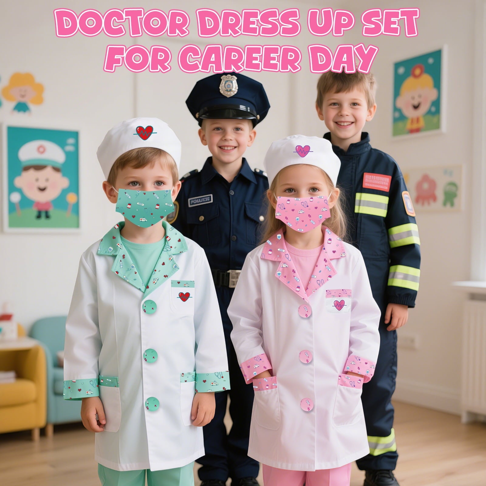 Doctor Costume for Kids Doctor Coat, Doctor Dress Up and Play Set 8 PCS with Real Stethoscope, Lab Coat Career Day Costume Kit for Toddlers Girls 3-12 - Pink