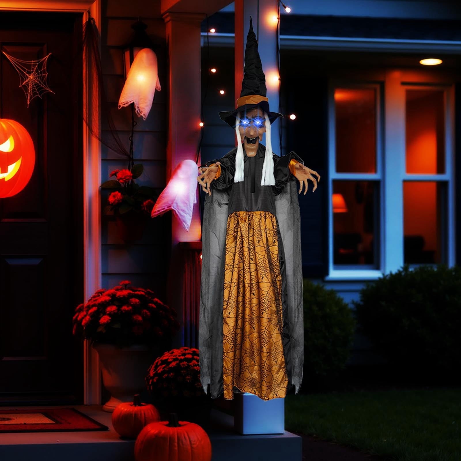 Halloween Animatronics Witch Clearance, Voice Activated Purple Escape Haunt Halloween House Décor & Fright Fest Prop, Life Size Animated Halloween Decoration Outdoor