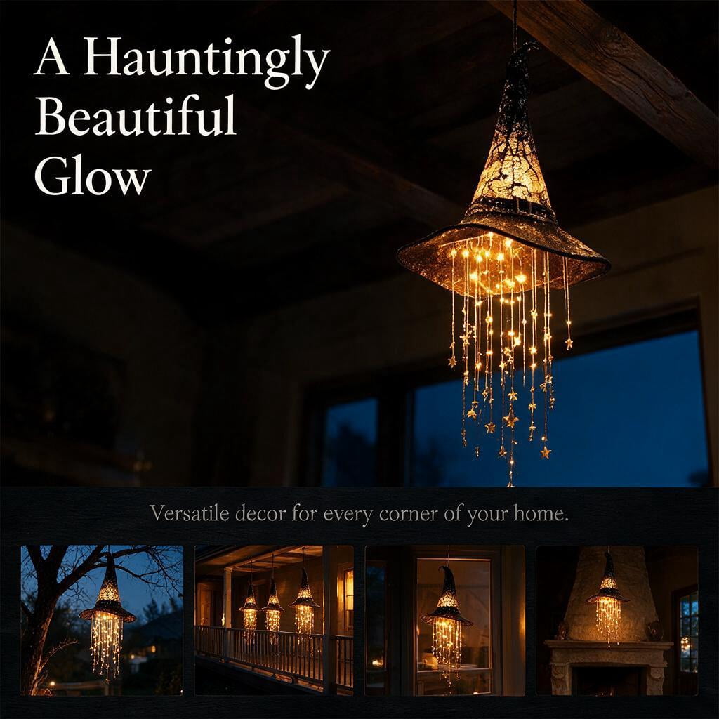 Lighted Witch Hat Hanging Decor, LED Halloween Witch Hat Decoration with Star Tassels for Porch, Window & Indoor Outdoor Holiday Display