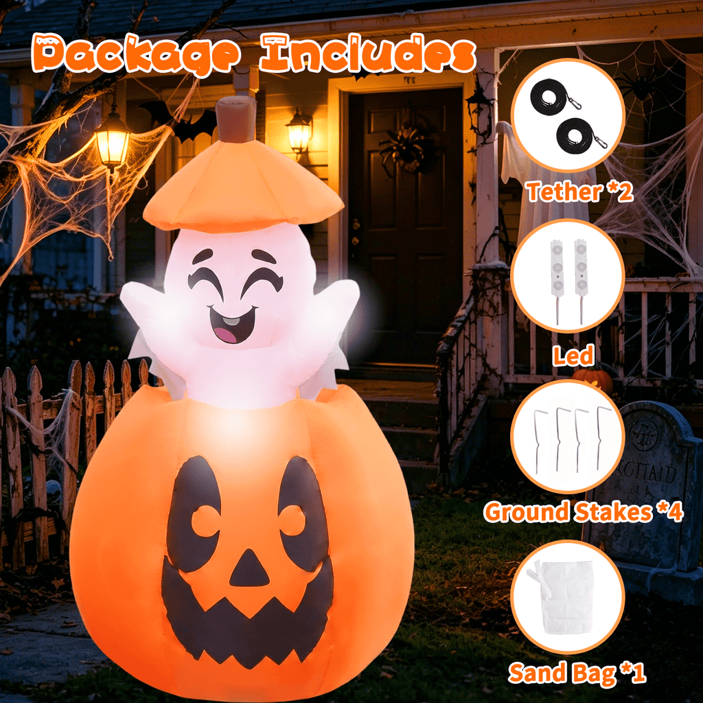 KINQUINN 5FT Halloween Inflatables Decorations Outdoor, Pop Up Halloween Blow Ups Pumpkin Yard Decorations with LED Lights for Garden, Lawn, Home, Yard, Indoor, Outside, Party, Porch
