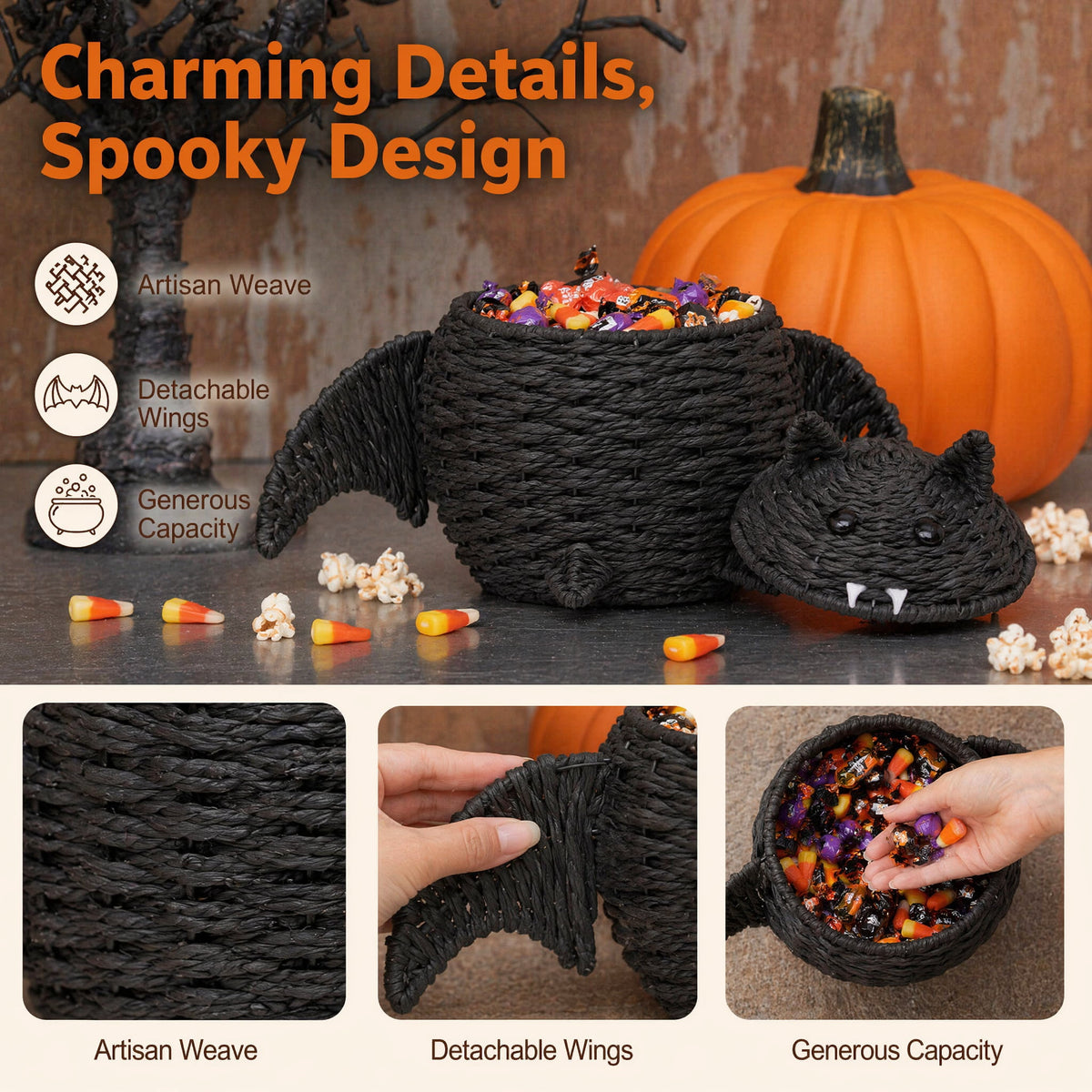 Gomind Halloween Woven Bat Storage Basket 15.75"x10.63", Handcraft Rattan Bat Candy Bowl with Lid, Indoor Tabletop Decor Organizer