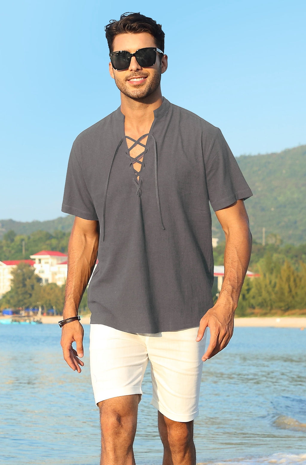 HAOMEILI Men's Cotton Linen Lace-Up V-Neck Short Sleeve Shirt