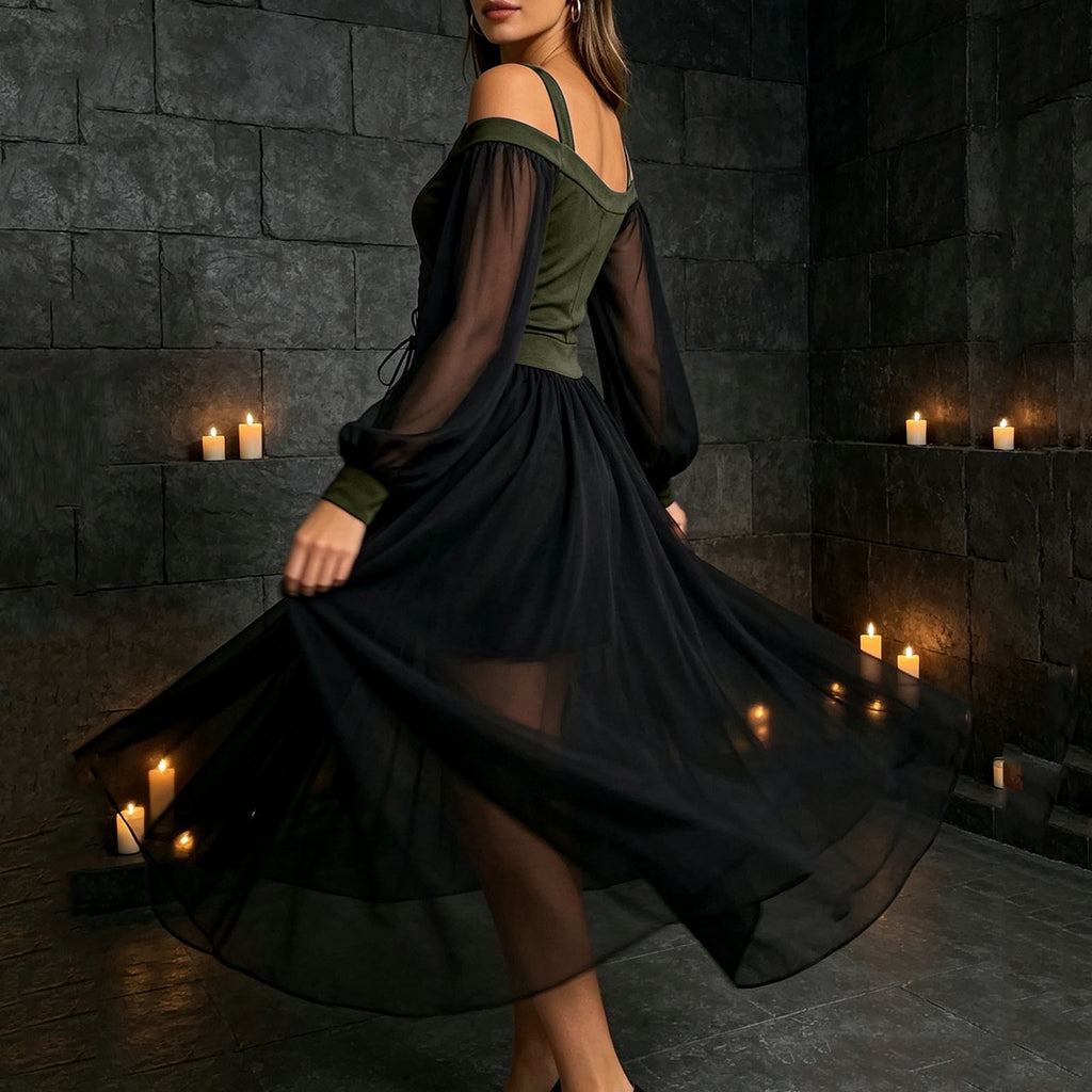 JOANKDMI Women's Gothic Midi Dress Elegant Vampire Costume Cold Shoulder Sheer Long Sleeve Lace-up Corset for Roleplay Halloween Party Outfit Chic, S-3XL