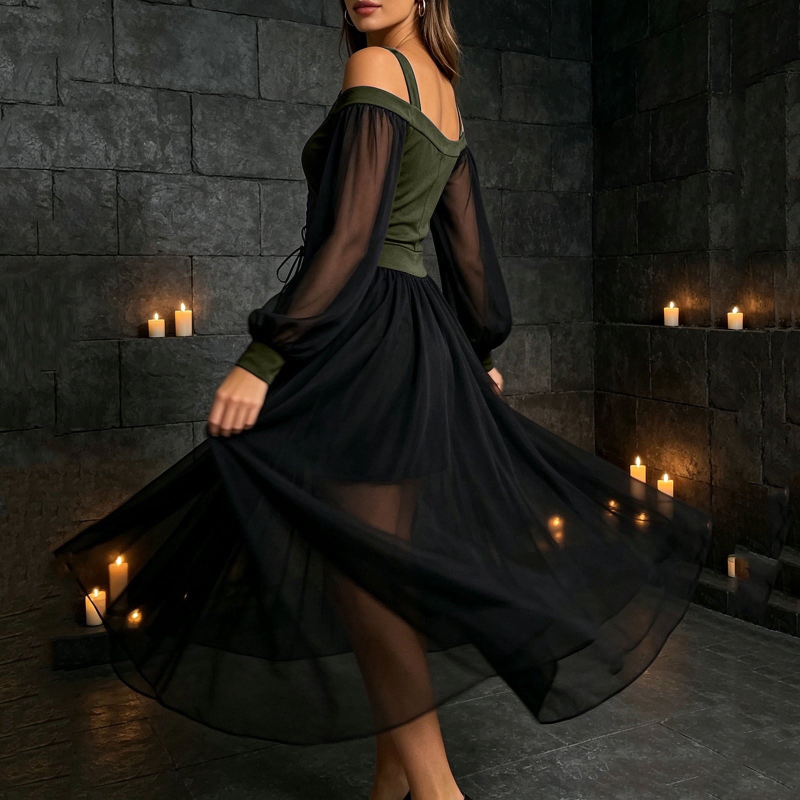 JOANKDMI Women's Gothic Midi Dress Elegant Vampire Costume Cold Shoulder Sheer Long Sleeve Lace-up Corset for Roleplay Halloween Party Outfit Chic, S-3XL