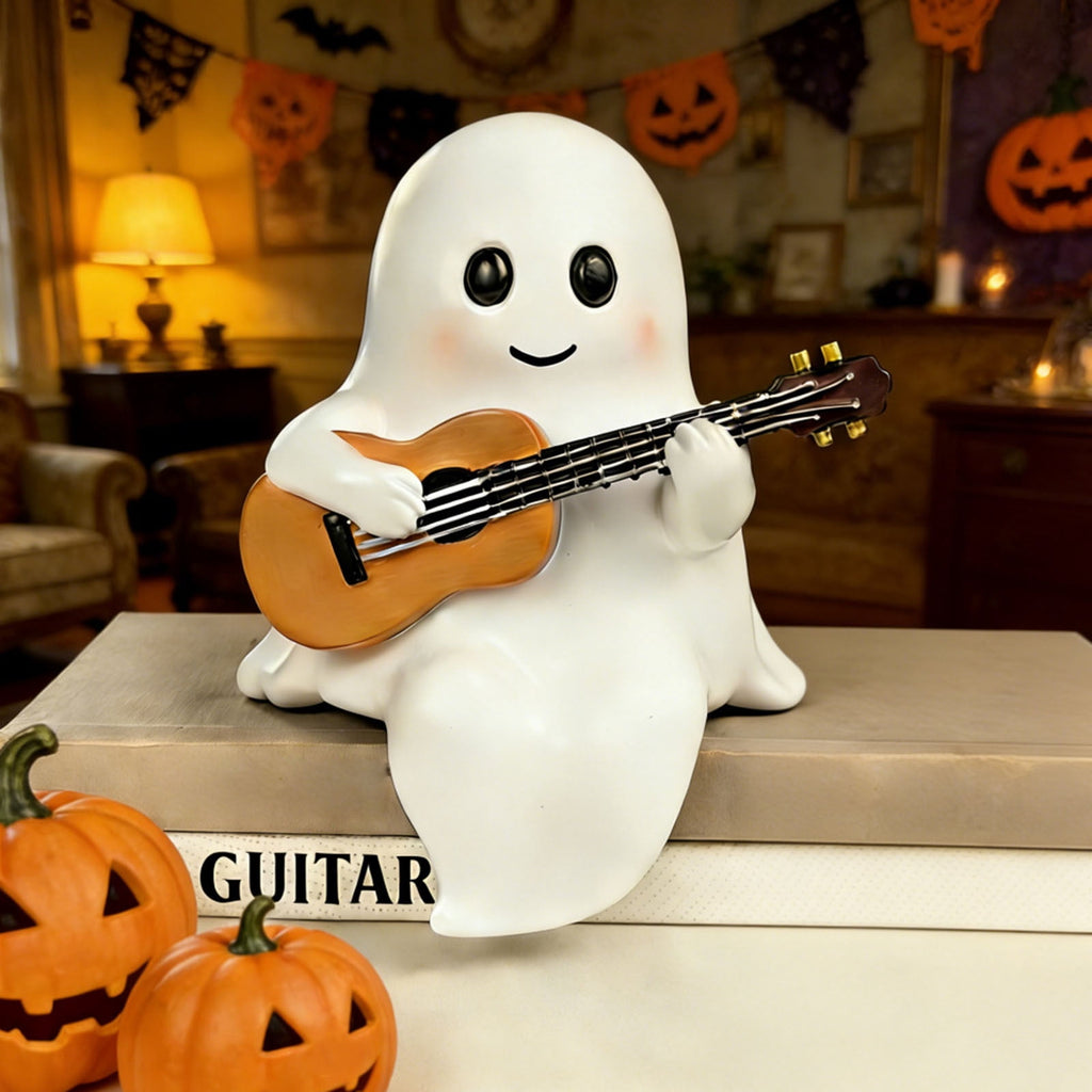 Clearance Ghost Night Light with Guitar USB Powered LED Lamp, Warm White Glow, Resin, Cute Kawaii Figurine, Bedroom Nightlight Gifts