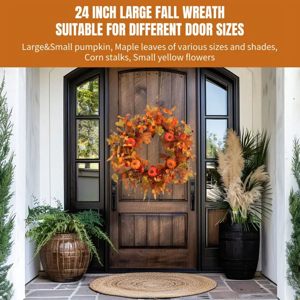 Fall Wreath Pumpkin Wreath Halloween Wreath for Front Door with Maple Leaves Harvest Wreath for Door Window Porch Thanksgiving Halloween Decor