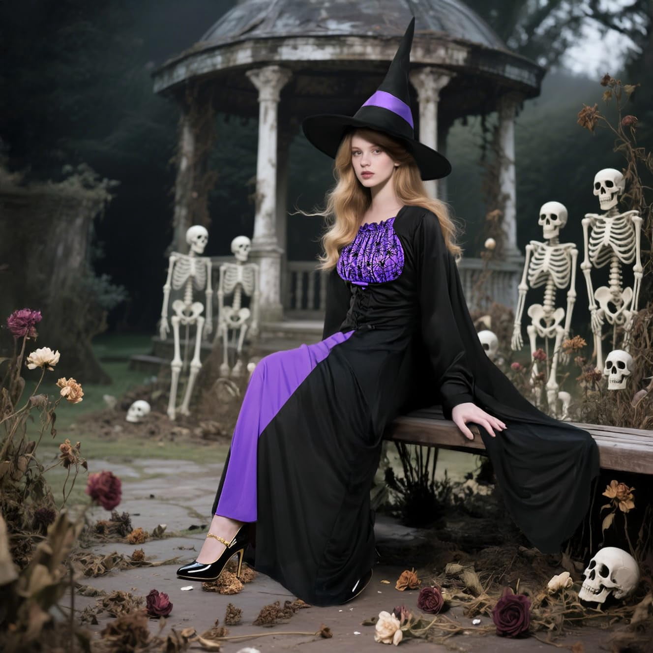 Women's Witch Costume Halloween Gothic Witch Dress with Witches Cape and Wicked Witches Hat