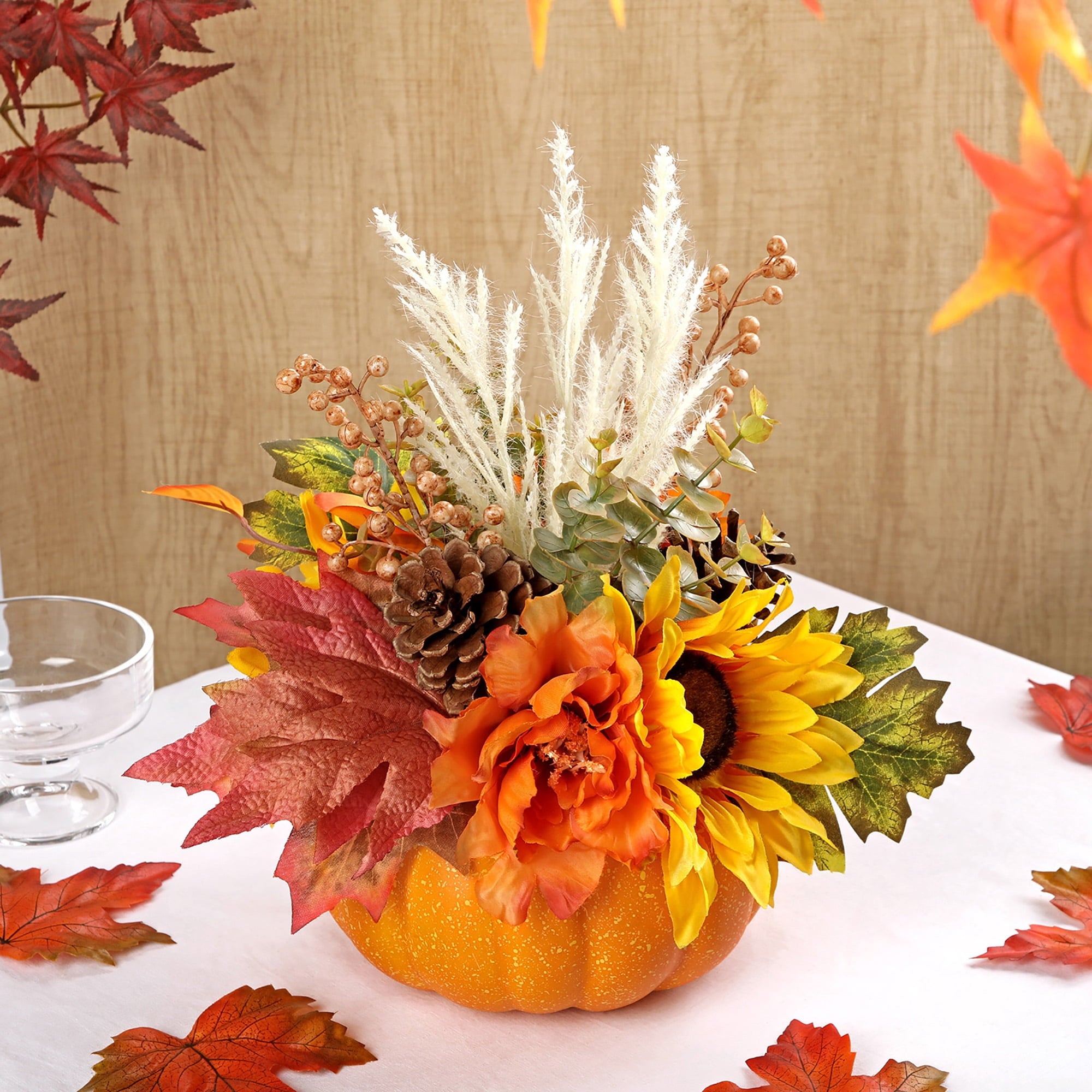 Briful 12.9"Artificial Pumpkin Floral Arrangement with Orange Sunflowers Leaves Fall Table Centerpiece for Harvest Autumn Décor