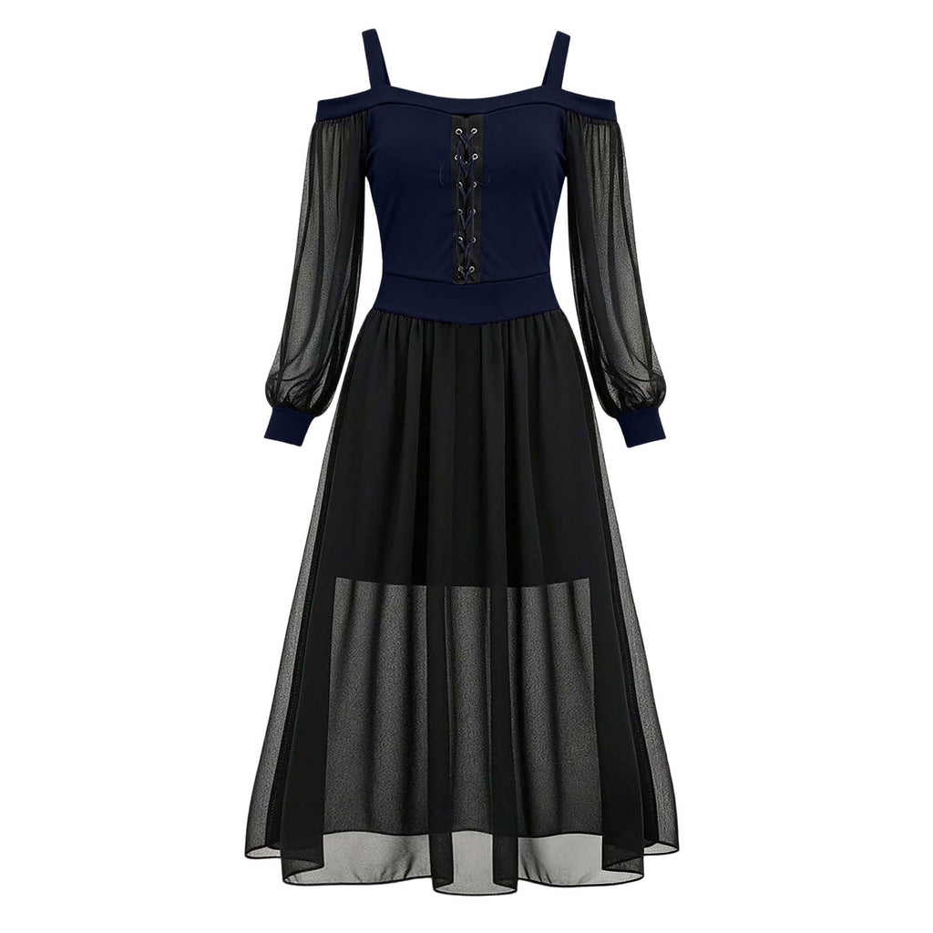 JOANKDMI Women's Gothic Midi Dress Elegant Vampire Costume Cold Shoulder Sheer Long Sleeve Lace-up Corset for Roleplay Halloween Party Outfit Chic, S-3XL
