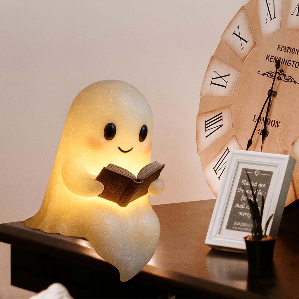 Fwttom Ghost Night Light, Halloween Lights Cute Ghost Reading Book Lamp, Halloween Decorations Indoor Light Up Ghost Statue Ghost Light for House Mantel Bedside