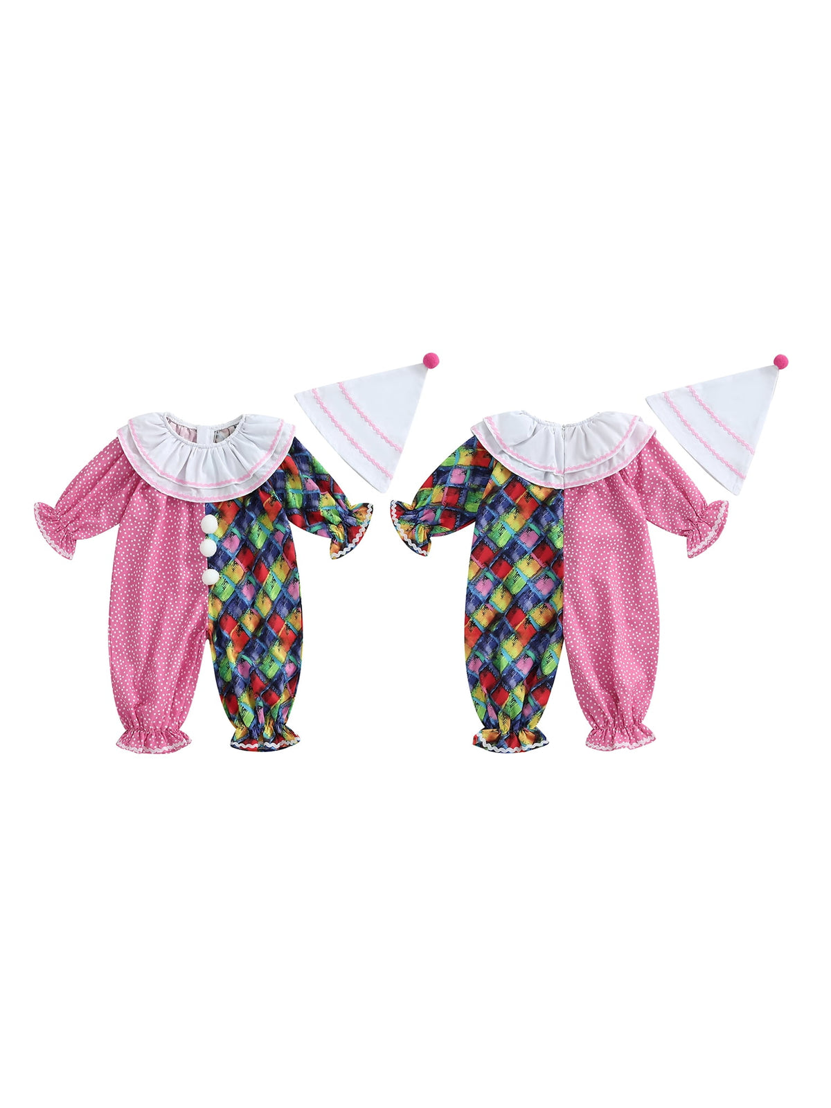 RUINIXCW Kids Toddler Baby Girl Boy Halloween Outfit Clown Costume Infant Baby Girl Boy Romper Birthday Photoshoot Outfit Contrast Color Long Sleeve Jumpsuit Hat