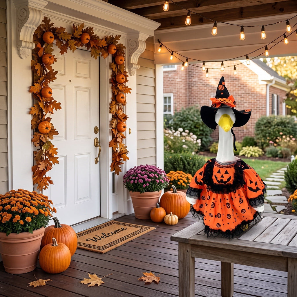 Thanksgiving Harvest Outfit for 23" Porch Goose, Goose Fall Theme Dress in White&Orange with Headwear Fall Harvest Decor for 23" Goose Outdoor Patio Yard Lawn Decoration