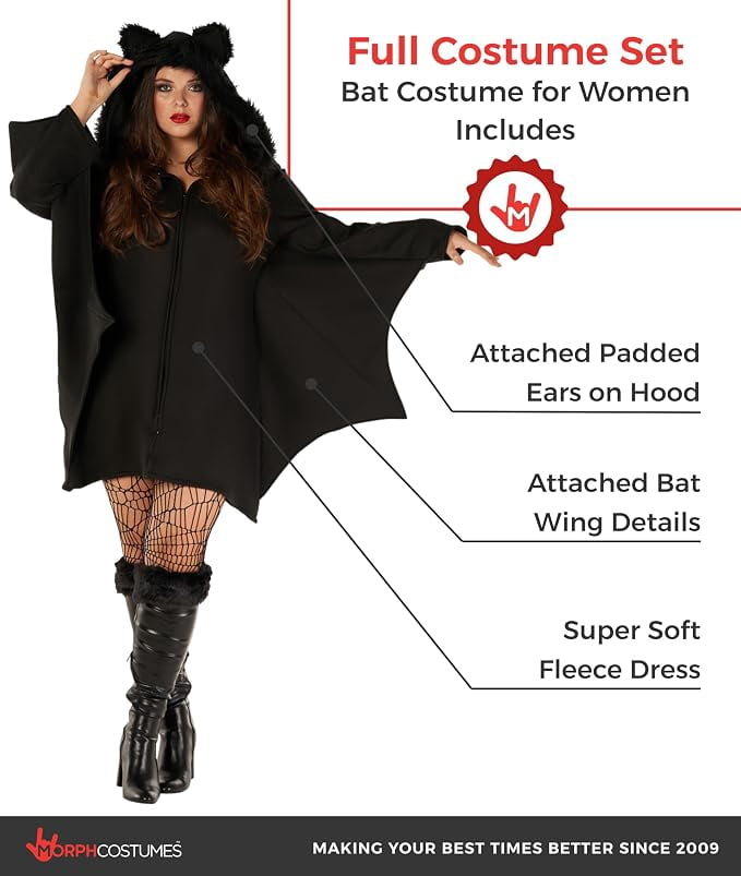 Morph Womens Bat Costume Wings Ladies Vampire Witch Halloween Fancy Dress Halloween Black 2XL
