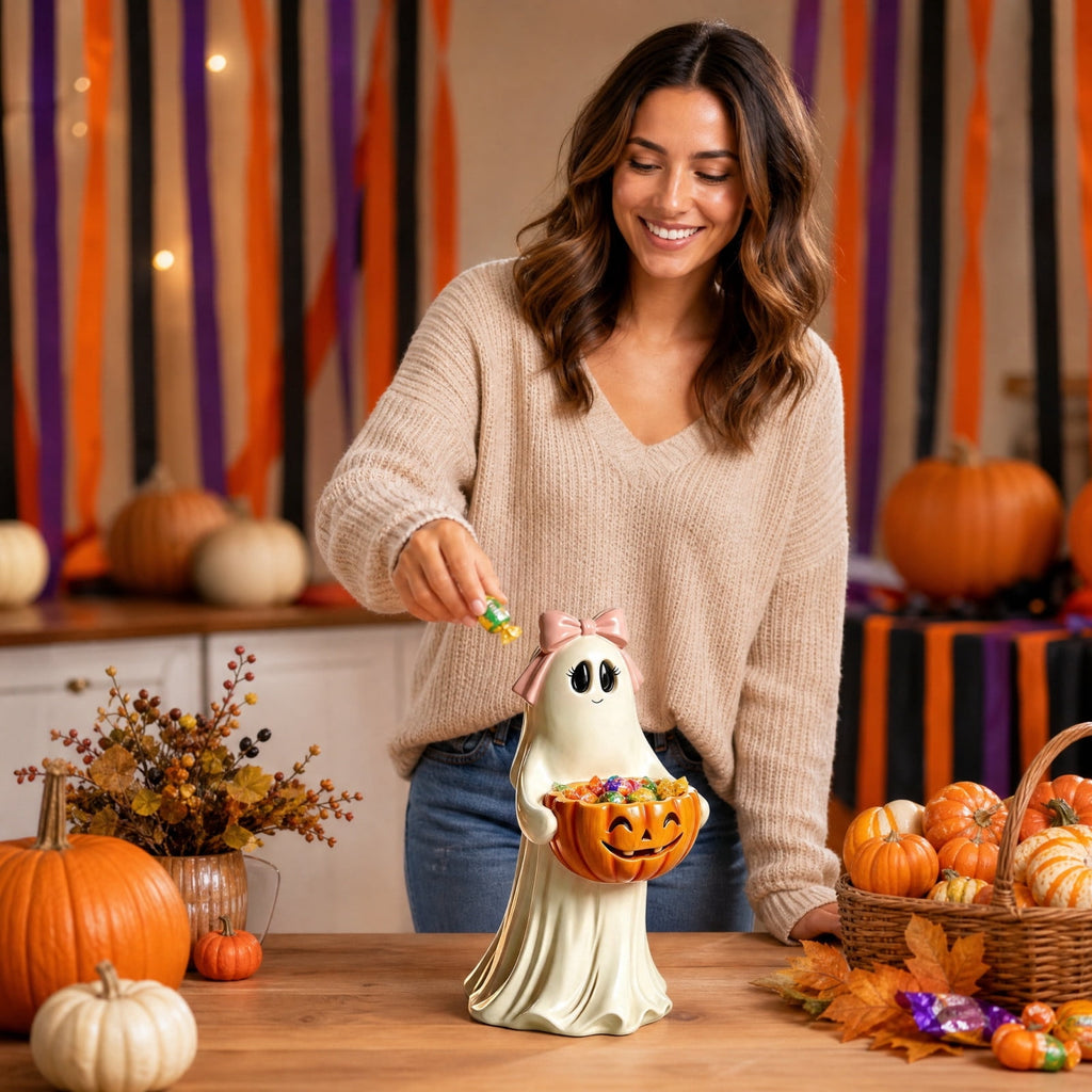 Clearance Halloween Ghost Resin Figurine with Black Cat & Pumpkin Candy Bowl 10“- Cute Spooky Tabletop Decor for Home Mantel, Shelf, and Indoor Fall Display