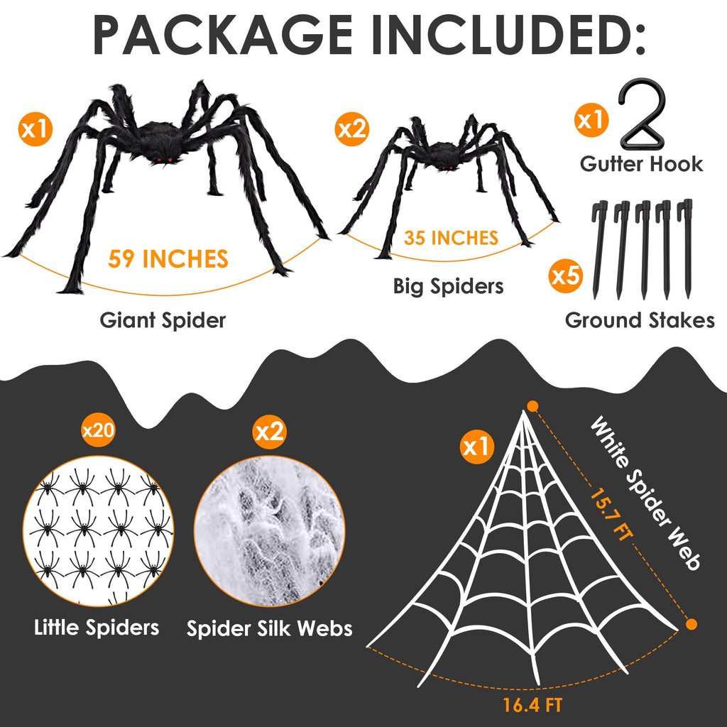 JEEXI Full Set of Halloween Decorations Outdoor 200'' Triangular Spider Web +3 Giant Fake Red Eyes Spiders, Halloween Décor Indoor for Home, Outside Yard Costumes Party Haunted House Garden Lawn