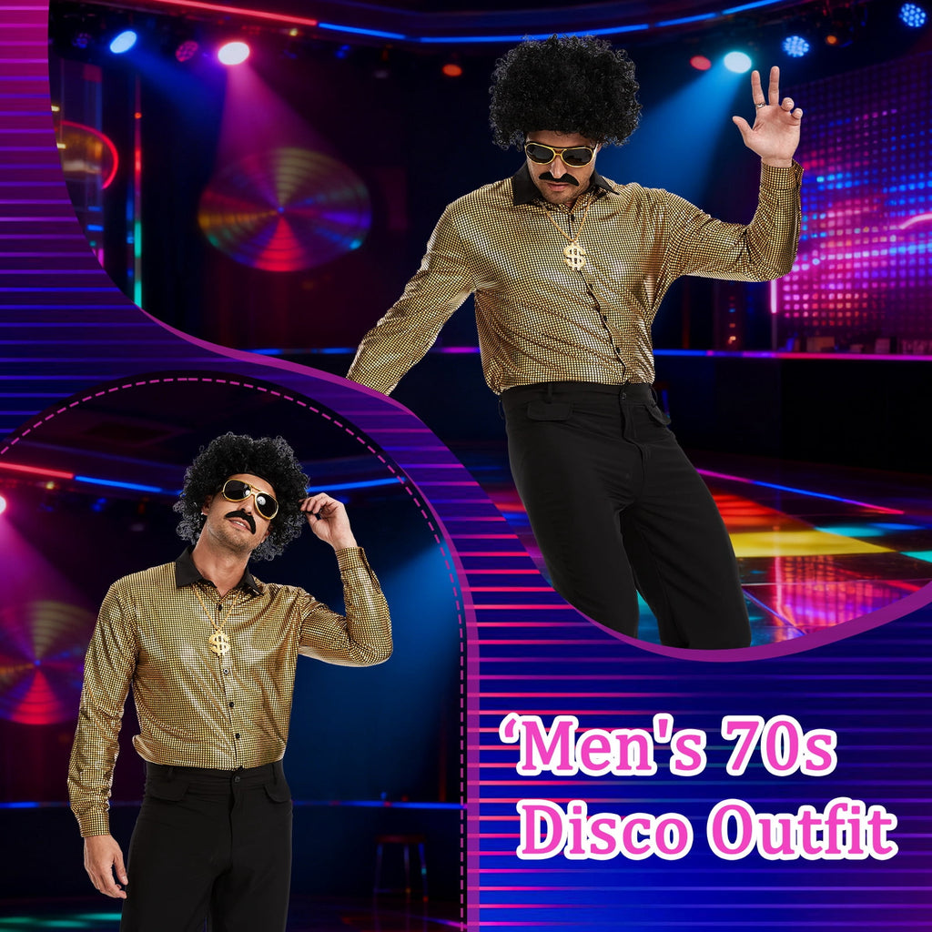MYATED 70s Disco Costume for Men 6 Pcs Dance Bell Bottom Pants Retro Shirts Wigs Sunglasses Necklace Shirts for Disco Party (Black,L)