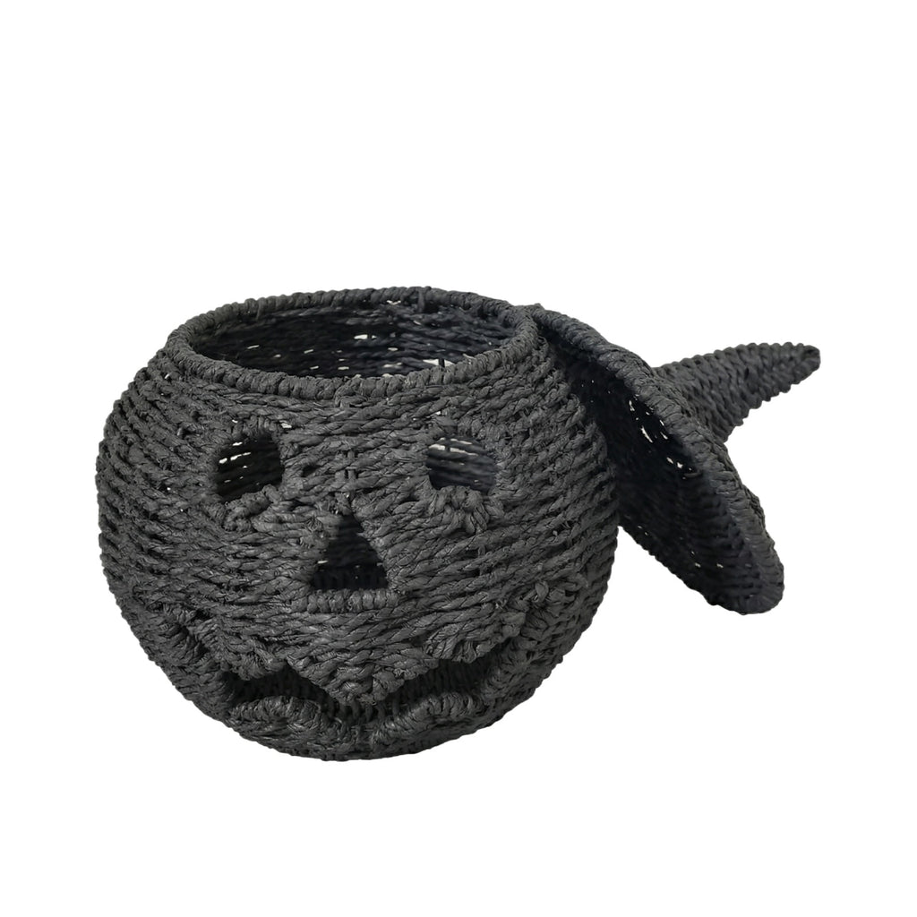 2026 Halloween Black Woven Seagrass Pumpkin Storage Basket with Lid, Fall Indoor Home Decorations for Halloween Party Home Halloween Decor, 10.2 inch