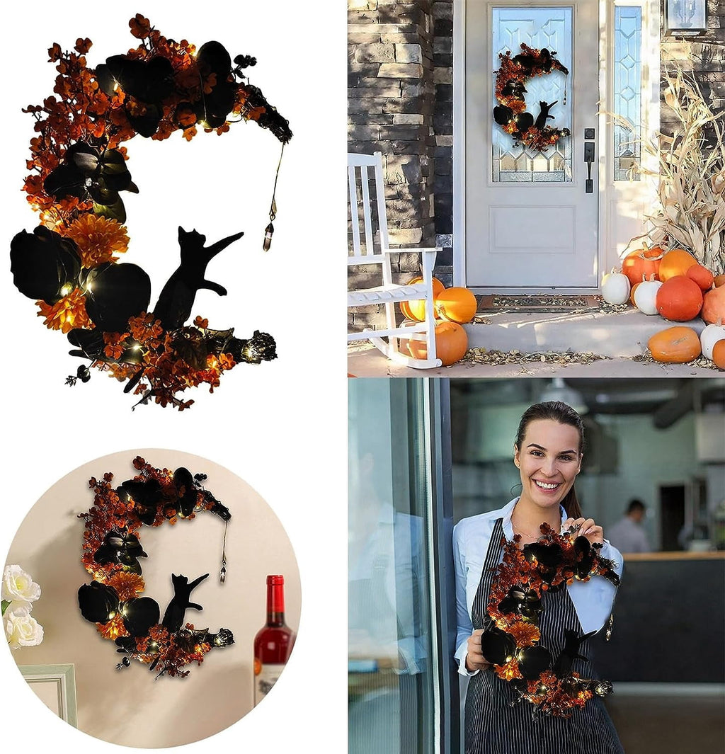 Wiher Halloween Wreaths with Lights for Front Door, 13.77" Halloween Moon Wreath with Black Cat Wood Wreath Halloween Wreath Horror Decorations for Home Party Window Wall Indoor Outdoor C