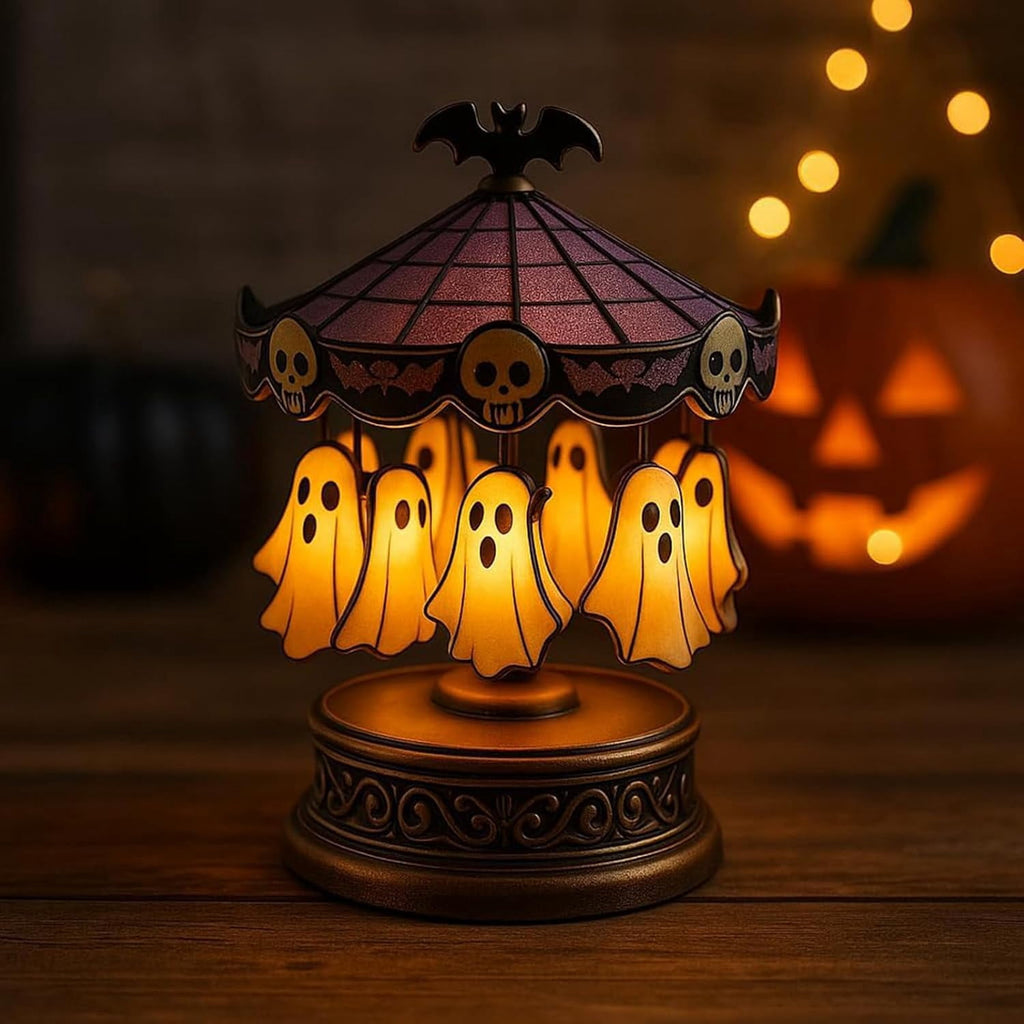 Halloween Ghost Carousel Lights, Plug-in Automatic Carousel,Ghost Night Light Up Kit, Spooky Ghost Carousel Lamp Decorations Indoor, for Halloween Party or Gift