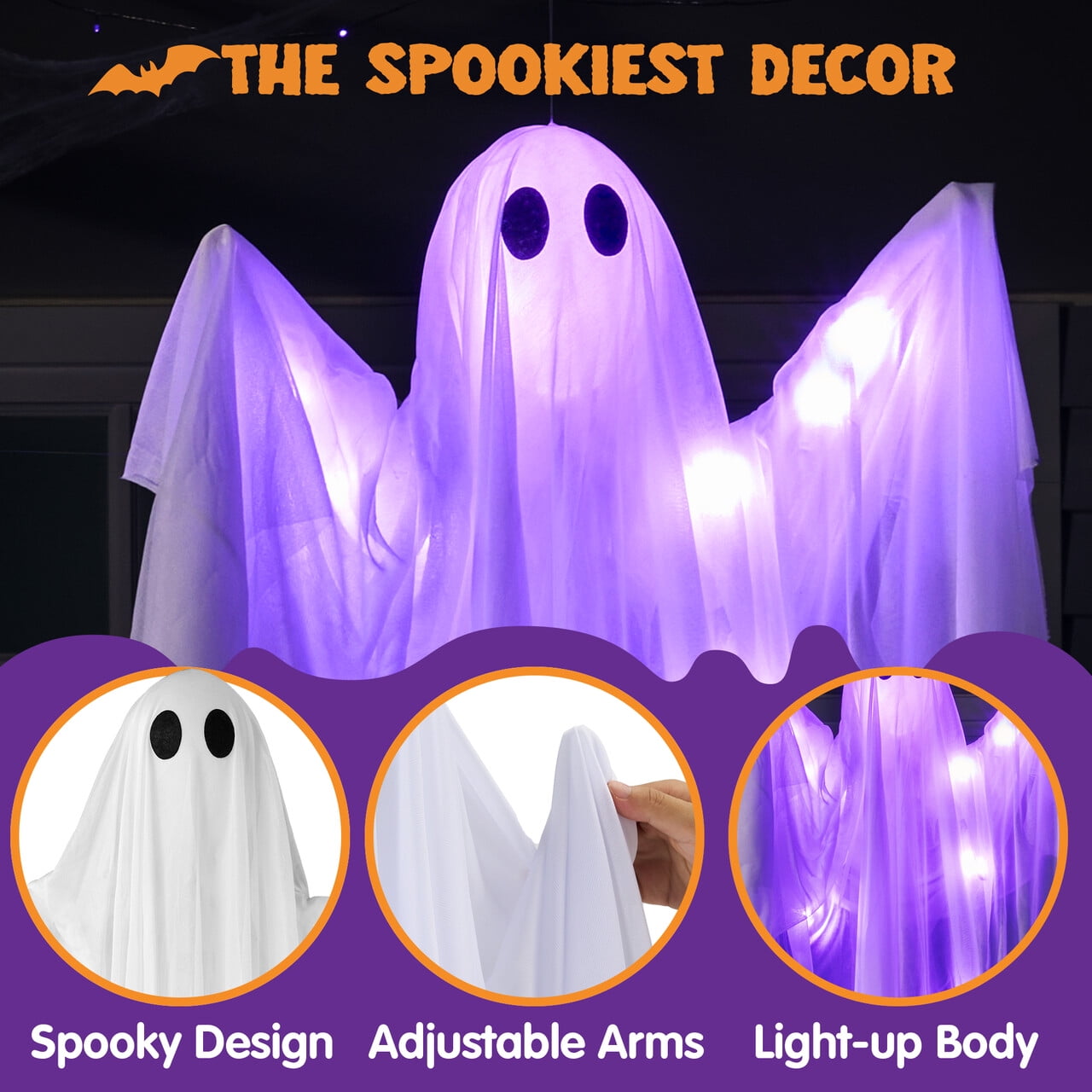 Joyfy 47" Halloween Hanging Light up Ghost Decorations Outdoor,White Ghosts with Blue LED Light and Timer Halloween Hanging Decoration Waterproof for Front Yard Patio Lawn