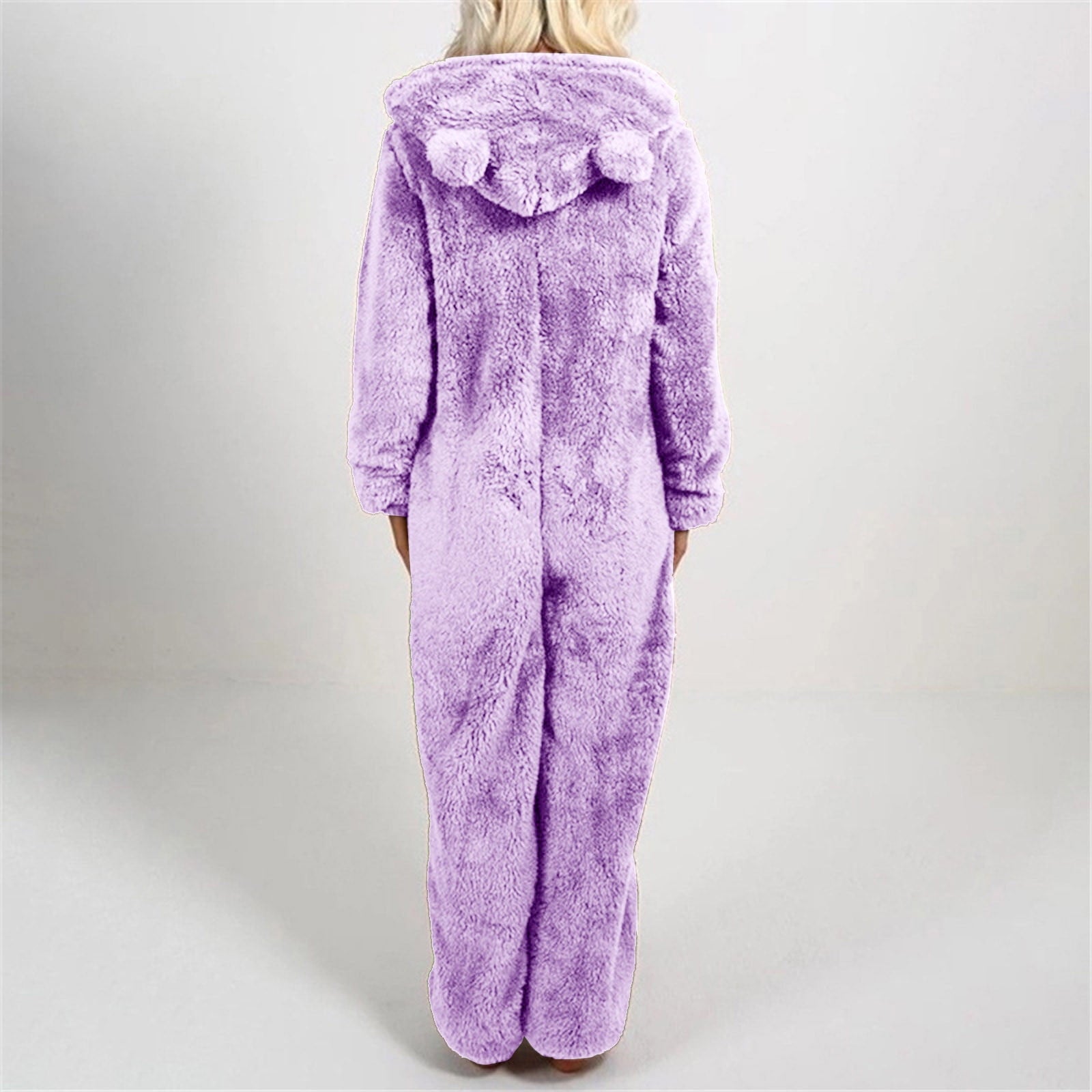 QATAINLAV Sherpa Fleece Jumpsuit for Women Winter Warm Fuzzy Onesie Pajamas Cute Cat Hooded Romper Casual Zip Up Overalls Sleepwear Black XL