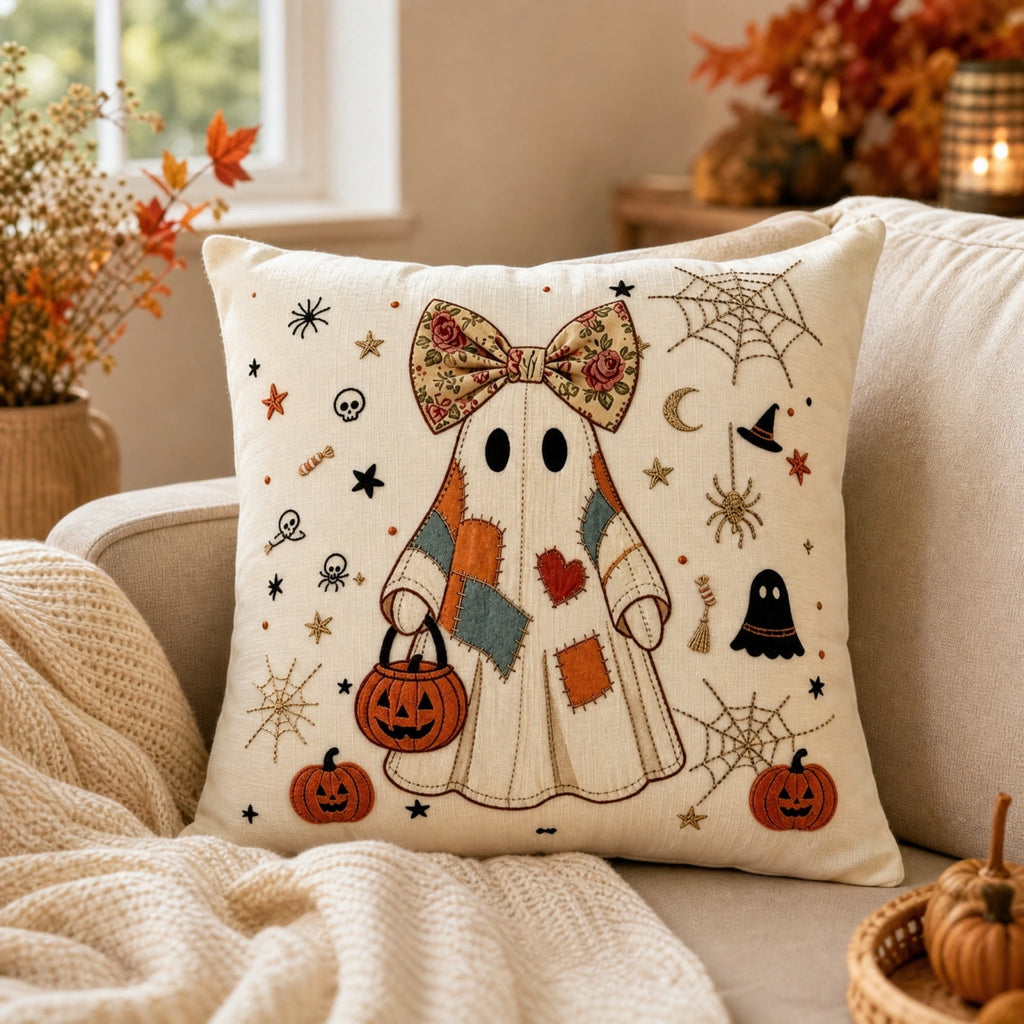 Halloween Ghost Reading Book Throw Pillow Cover, Spooky Library Bookshelf Skull Candlestick Decorative Pillowcase, Retro Halloween Cushion Cover