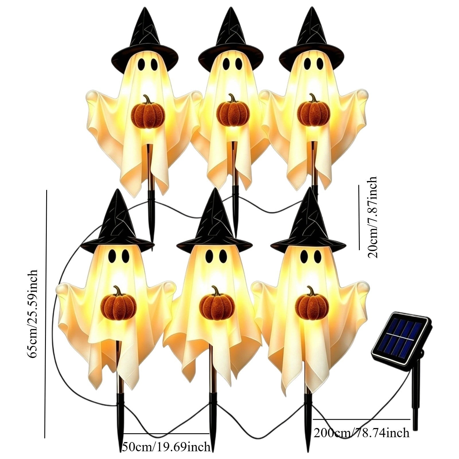 1-Pack Halloween Solar Lights with 8 Lighting Modes - Light Up Ghost Decorations for Outdoor, Witch Hat With Dimensional Pumpkin Halloween Ghost Path Lights