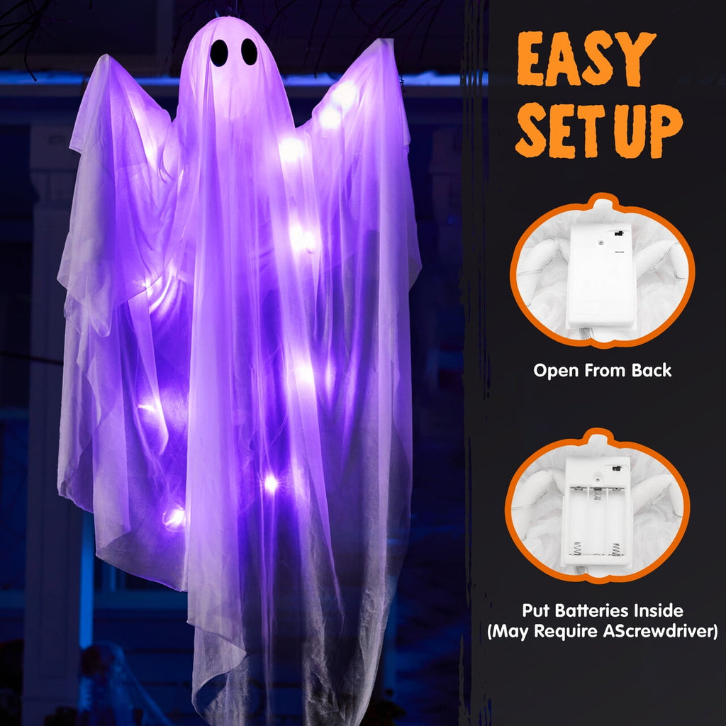 Joyfy 47" Halloween Hanging Light up Ghost Decorations Outdoor,White Ghosts with Blue LED Light and Timer Halloween Hanging Decoration Waterproof for Front Yard Patio Lawn