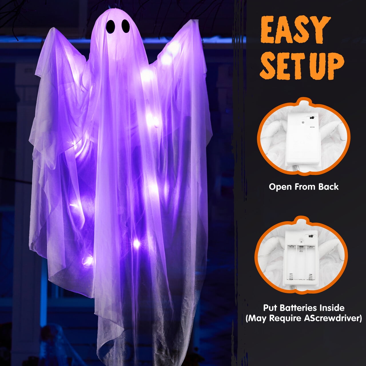 Joyfy 47" Halloween Hanging Light up Ghost Decorations Outdoor,White Ghosts with Blue LED Light and Timer Halloween Hanging Decoration Waterproof for Front Yard Patio Lawn