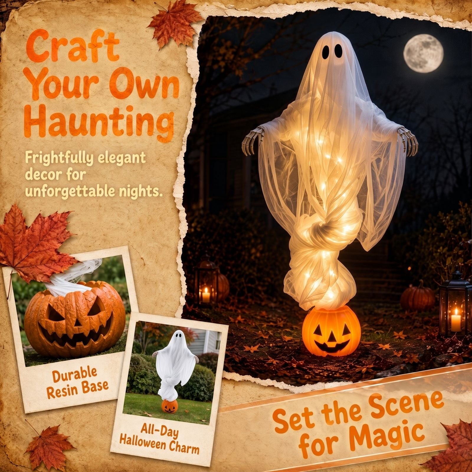 Swirling Ghost Pumpkin Yard Lamp, Lighted Spooky Ghost Statue, Warm LED Halloween Decorations Outdoor, Fall Autumn Garden Lawn Porch Pathway Ornament for Halloween Party Decoration
