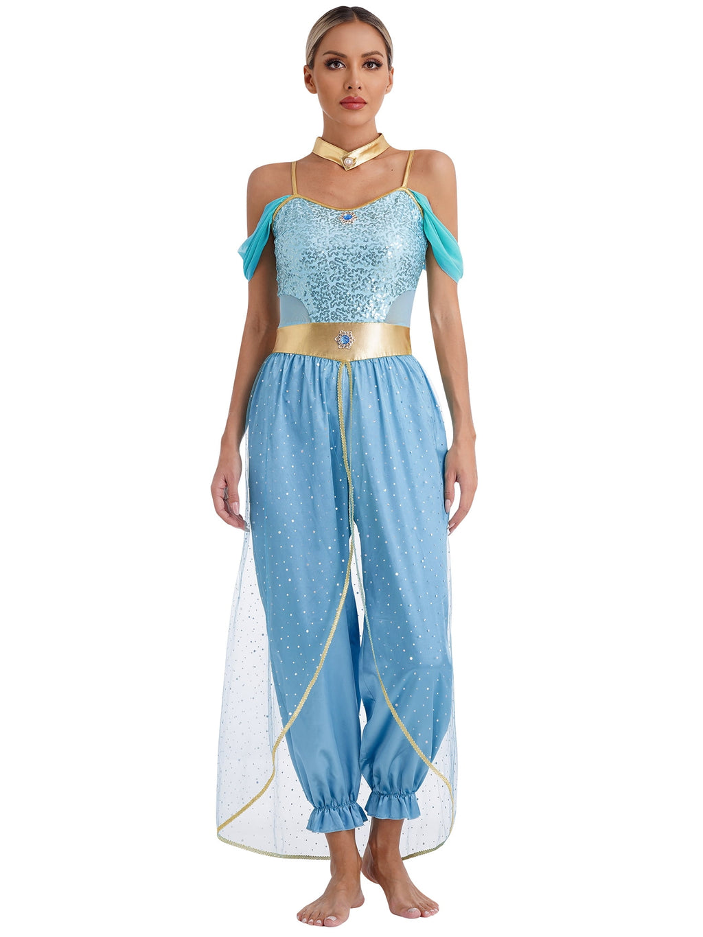 YiZYiF Women's Arabian Princess Dance Costume Halloween Party Fancy Dress Shiny Belly Dance Jumpsuit Turquoise B 4XL