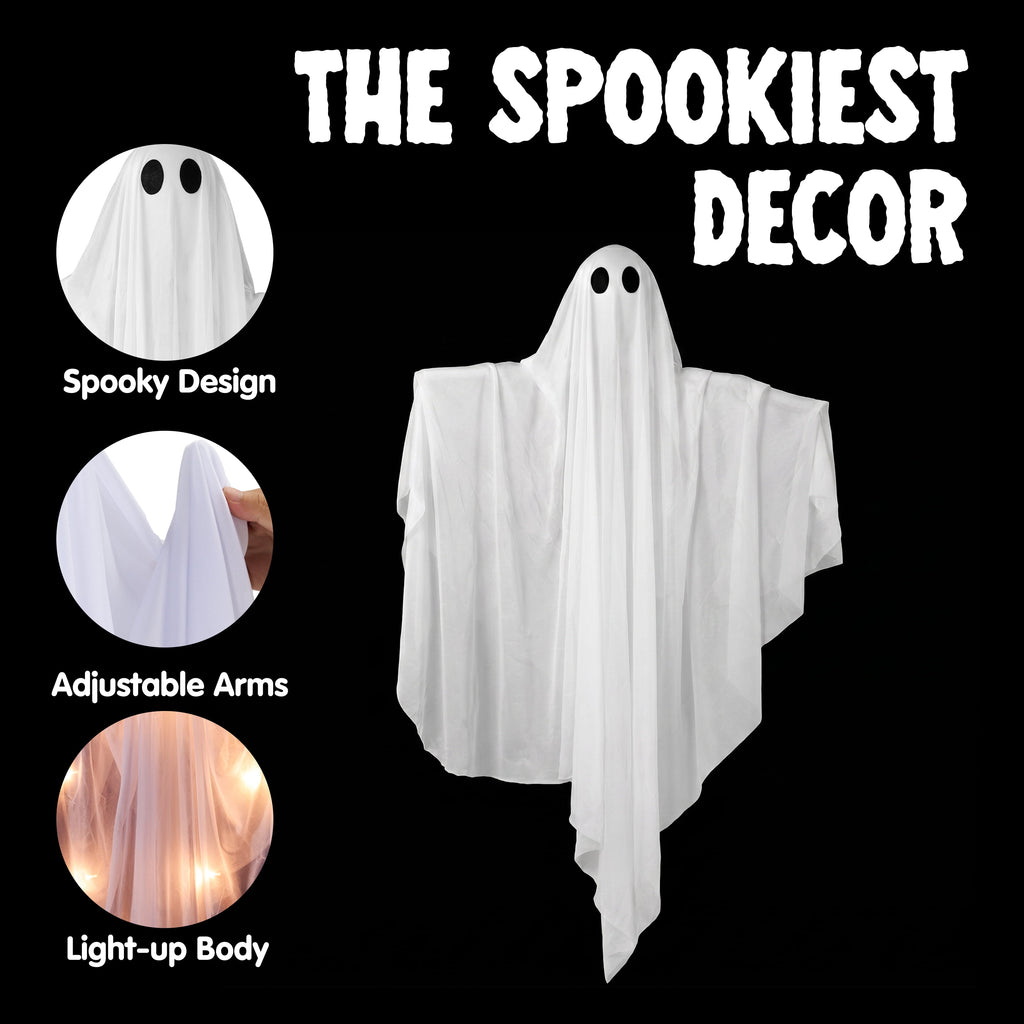 Joyfy 47" Halloween Hanging Light up Ghost Decorations Outdoor,White Ghosts with Blue LED Light and Timer Halloween Hanging Decoration Waterproof for Front Yard Patio Lawn