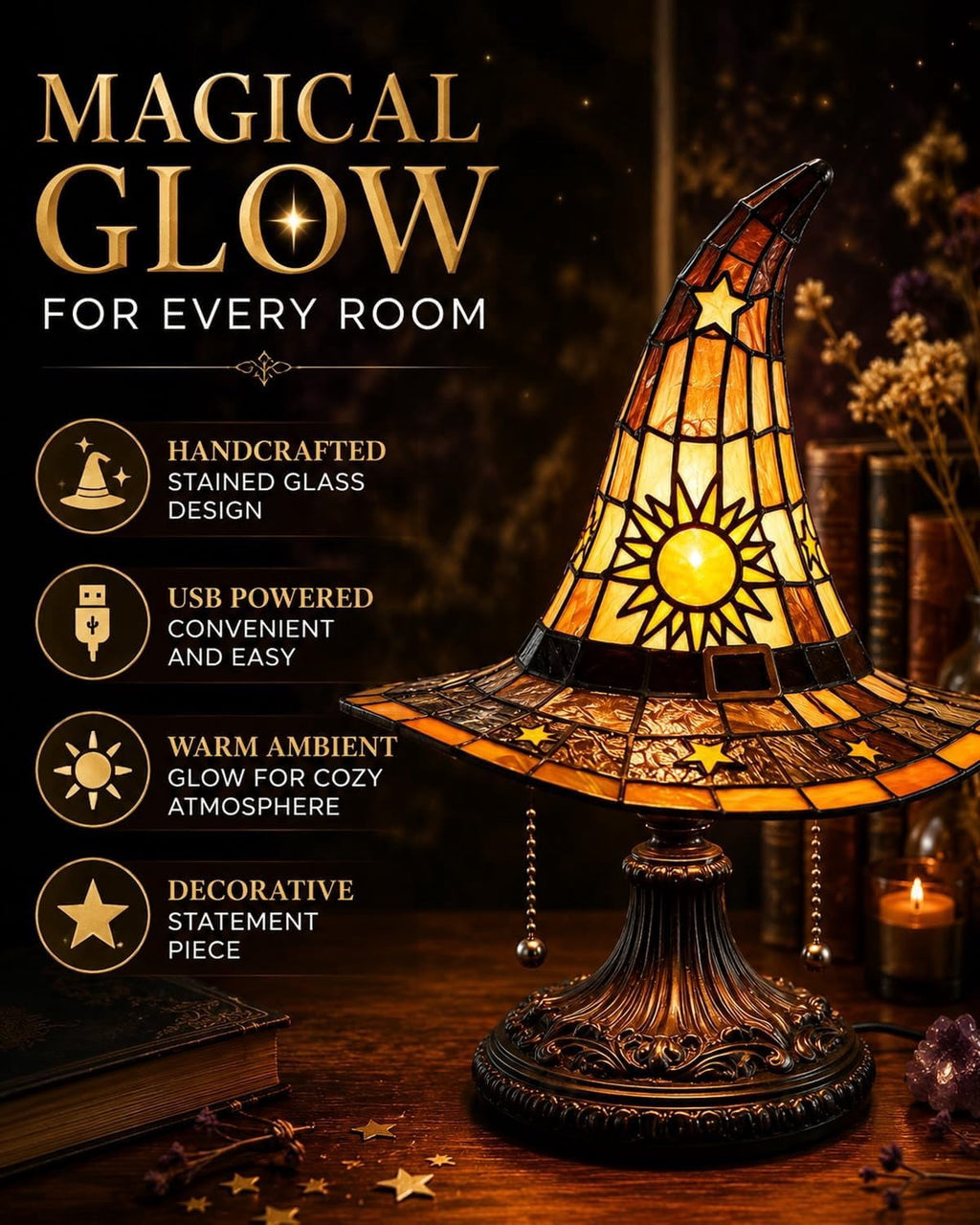 Clearance Halloween Table Lamp Decorations, Witch Hat Lamp Gifts - Handcrafted Retro Resin Witch Lamp, USB Powered Gothic Wizard Hats Night Light, Home Decor Accent Lamps for Bedroom