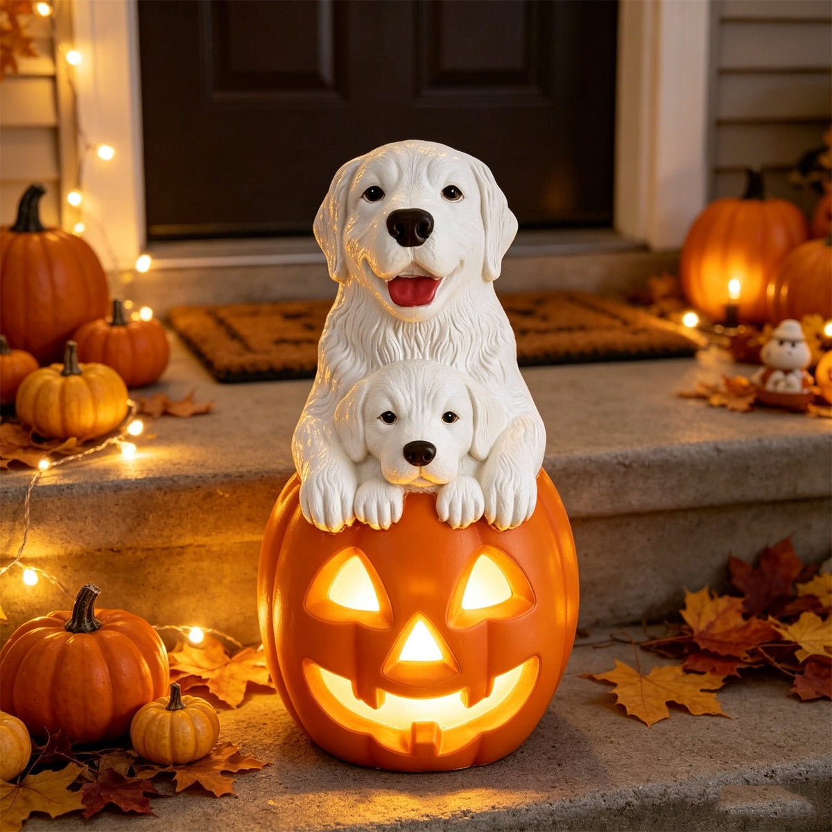 Lighted Scarecrow Bull Terrier Halloween Blow Mold, Cute Puppy Pumpkin Hat Halloween Decor, Resin Ornament for Patio Yard Tabletop Home Decoration, 8"
