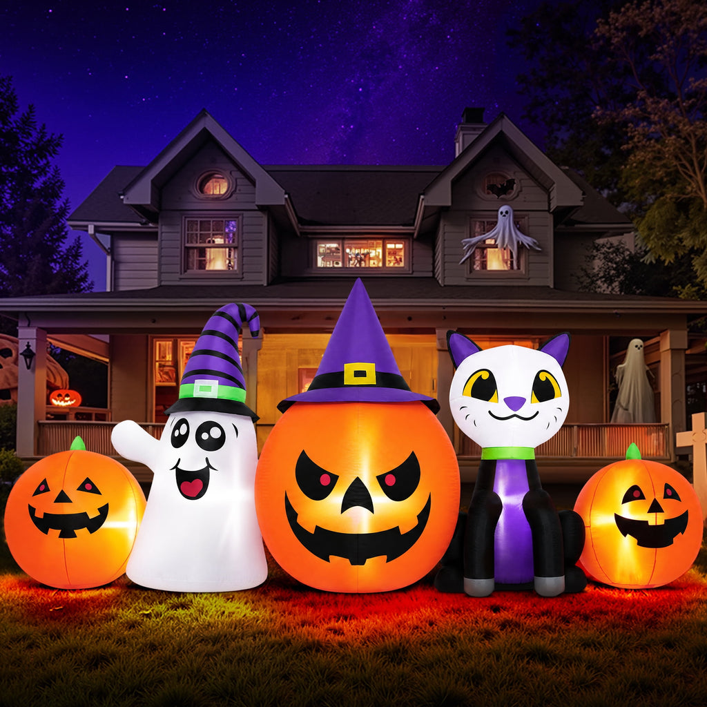 Firstness 8FT Halloween Inflatable Pumpkins Ghost Cat with Lights,Blow ups Outdoor Decorations for Yard