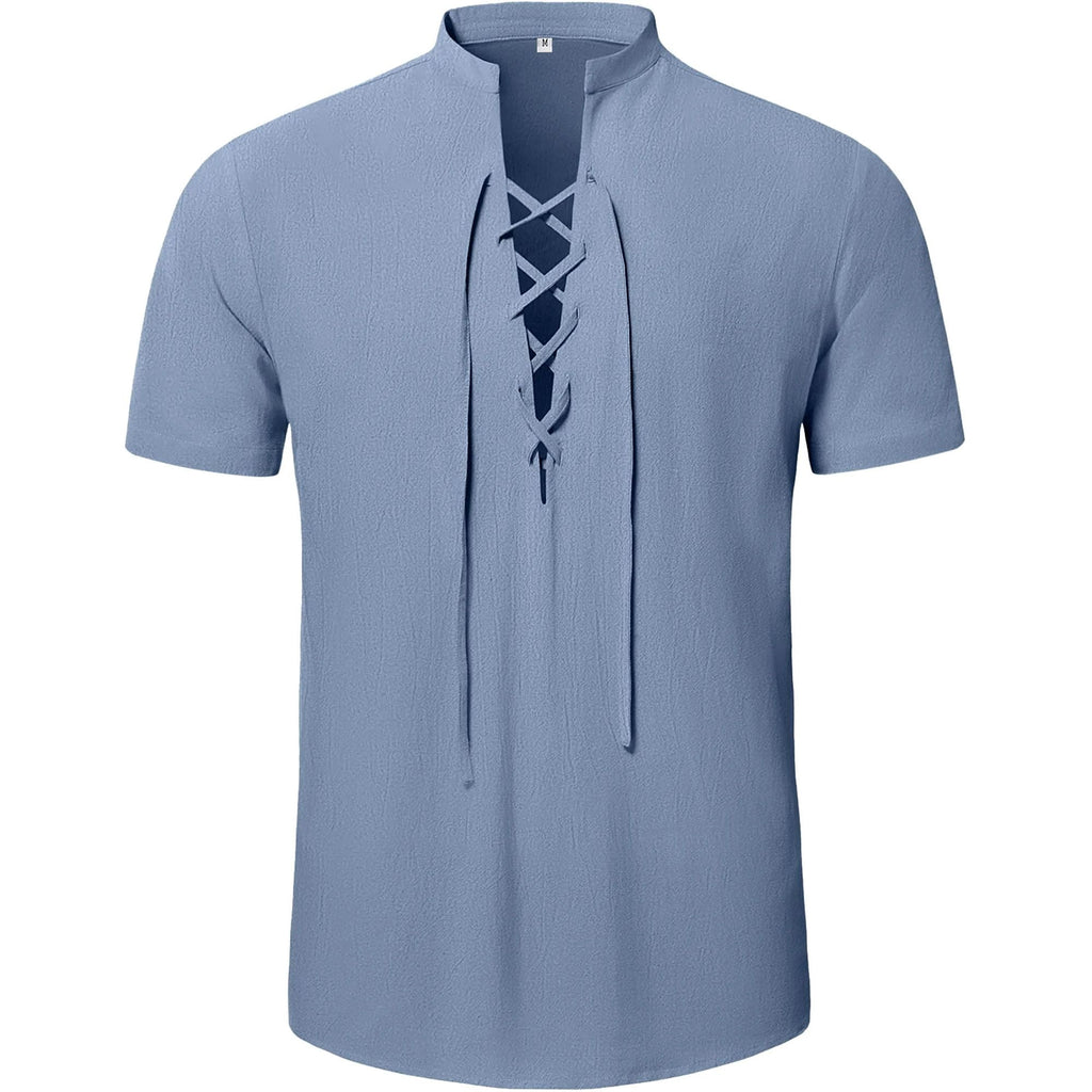 HAOMEILI Men's Short Sleeve Shirts Retro Style Lace up for Medieval,Viking,Hippie Halloween Cosplay Pirate Renaissance Costume