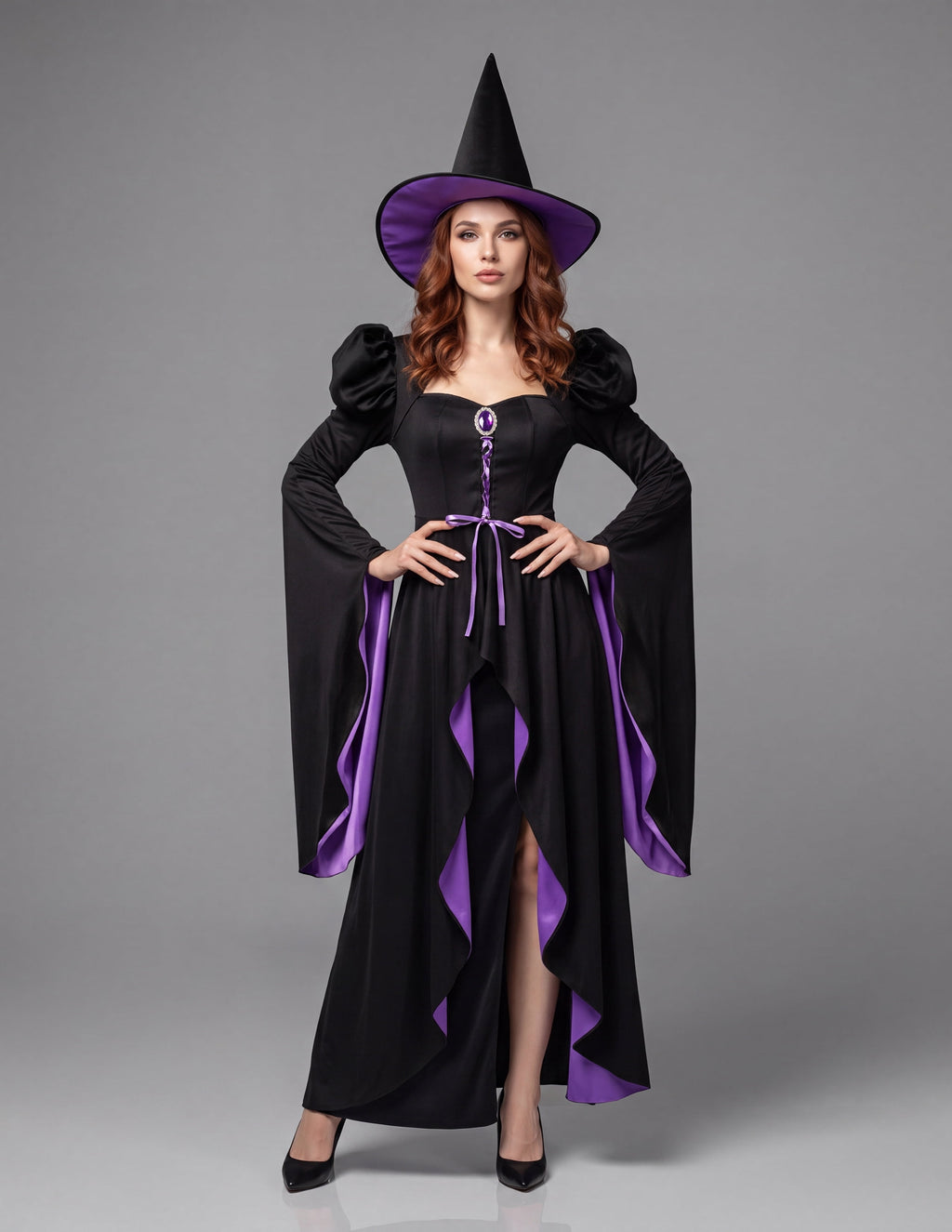 Joyfy Witch Costume for Women, Starry Witch Dress with Belt Hat for Adult Halloween Party Cosplay Dress up