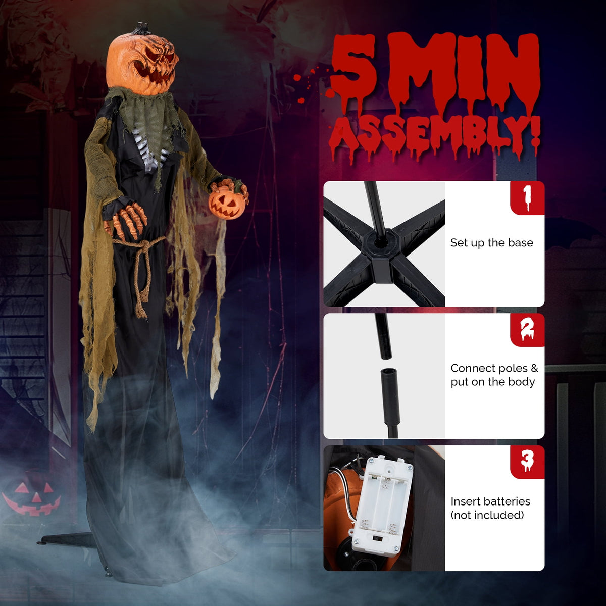 7ft Pumpkin Man Animated Animatronic Decoration Creepy Halloween w/ Pre-Recorded Screaming Ktaxon