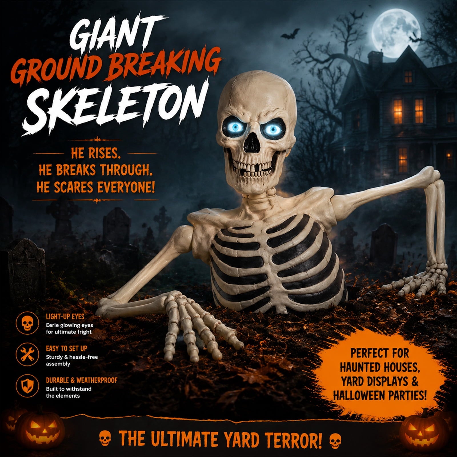 Giant Ground Breaking Half Skeleton Halloween Prop,11.8 Inch Animated Ghost Skeleton Decor with Sound Activated LCD Glowing Eyes,Outdoor Graveyard Haunted Yard Spooky Party Decoration